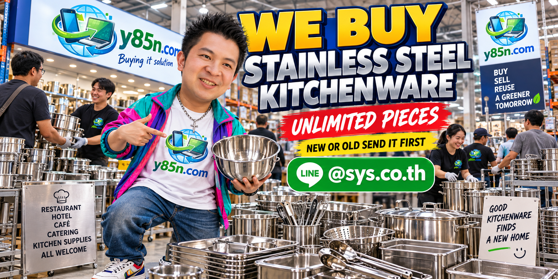 Y85N.com warehouse with stainless steel kitchenware, pots, bowls and commercial kitchen supplies