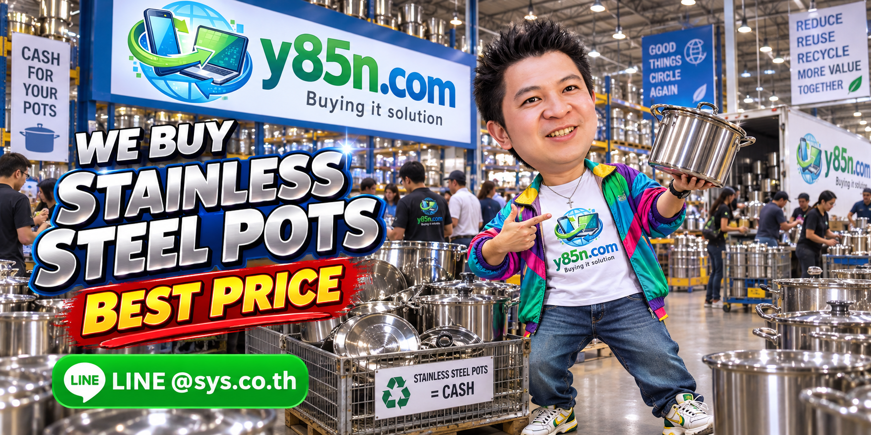 Y85N.com warehouse buying used stainless steel pots with international seller support