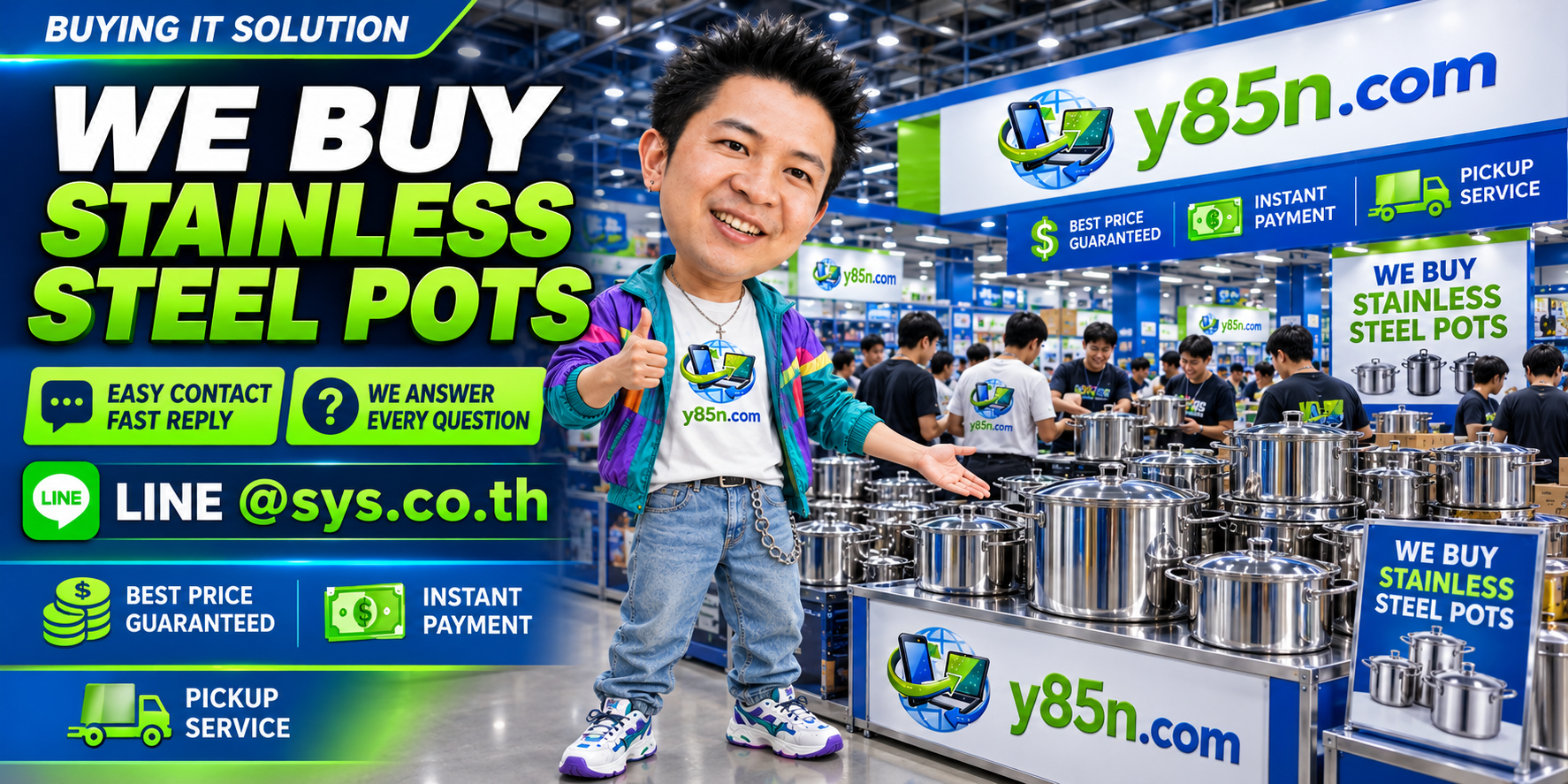 Y85N.com stainless steel pot buying service contact banner with LINE at sys.co.th
