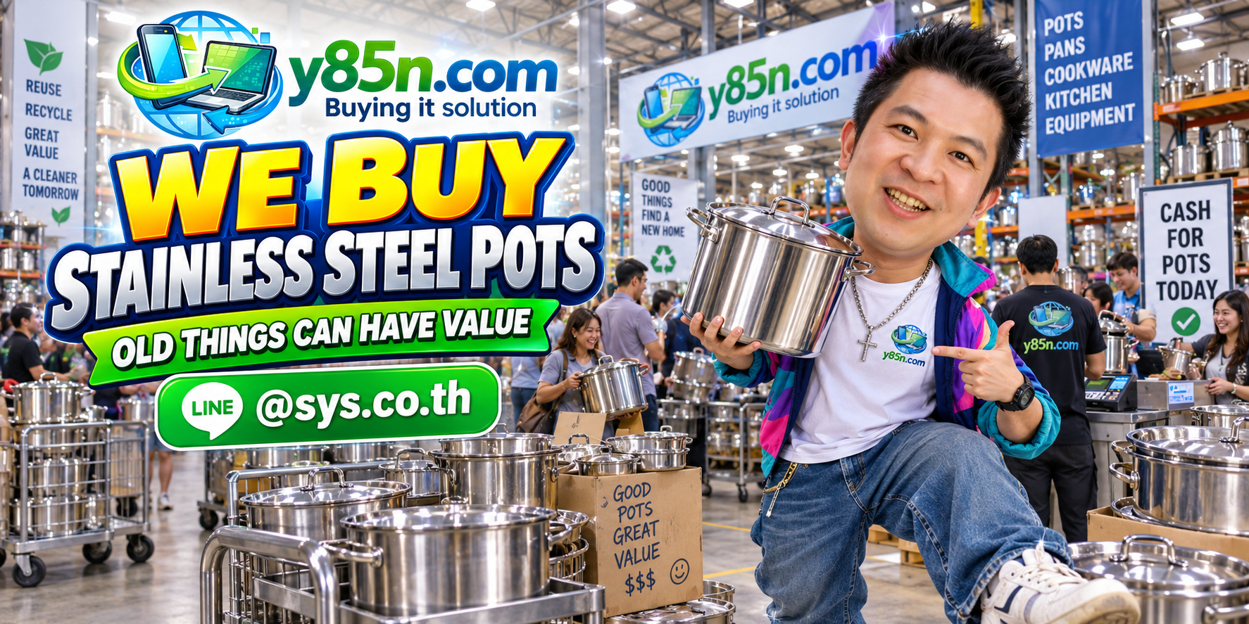 Busy Y85N.com warehouse buying stainless steel pots in Thailand