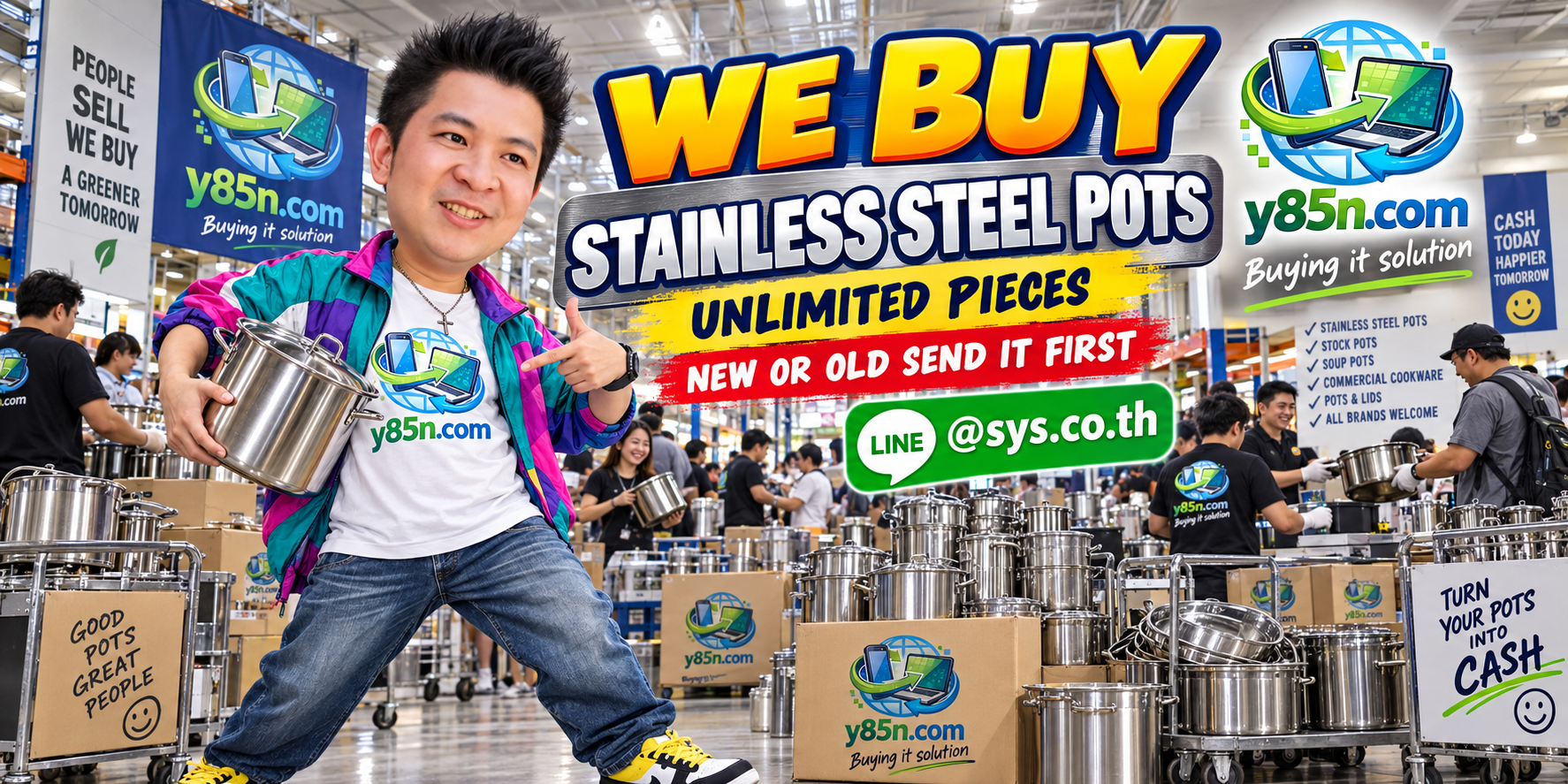 Y85N.com team and customers at a busy stainless steel pot buying warehouse