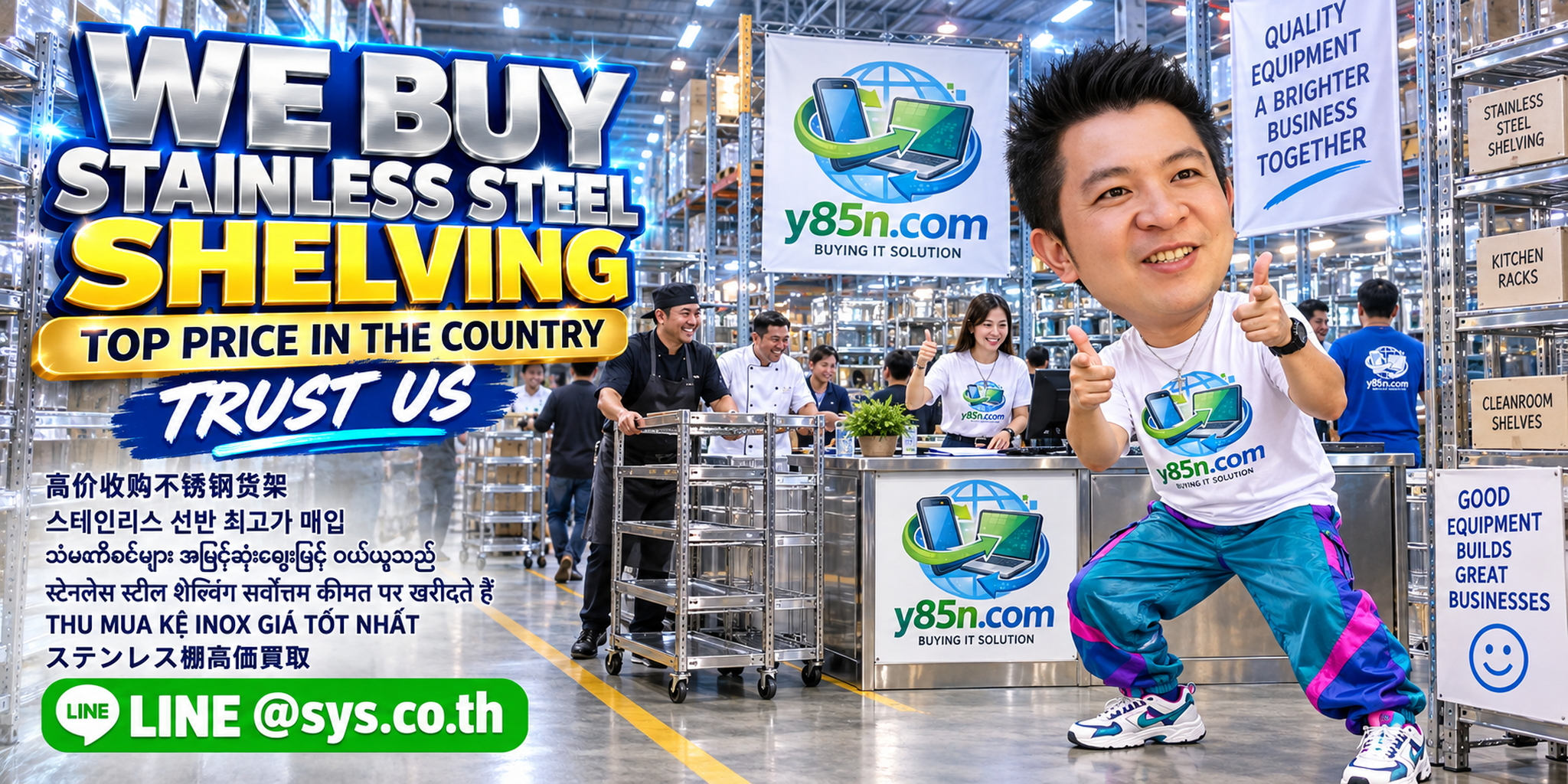 Y85N.com warehouse buying used stainless steel shelving