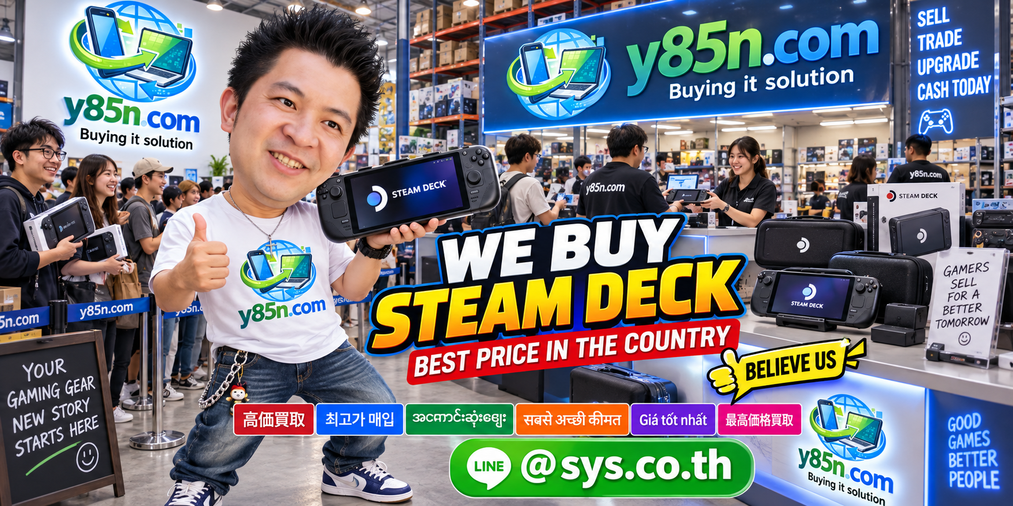 Y85N.com warehouse buying used Steam Deck devices with international seller messaging