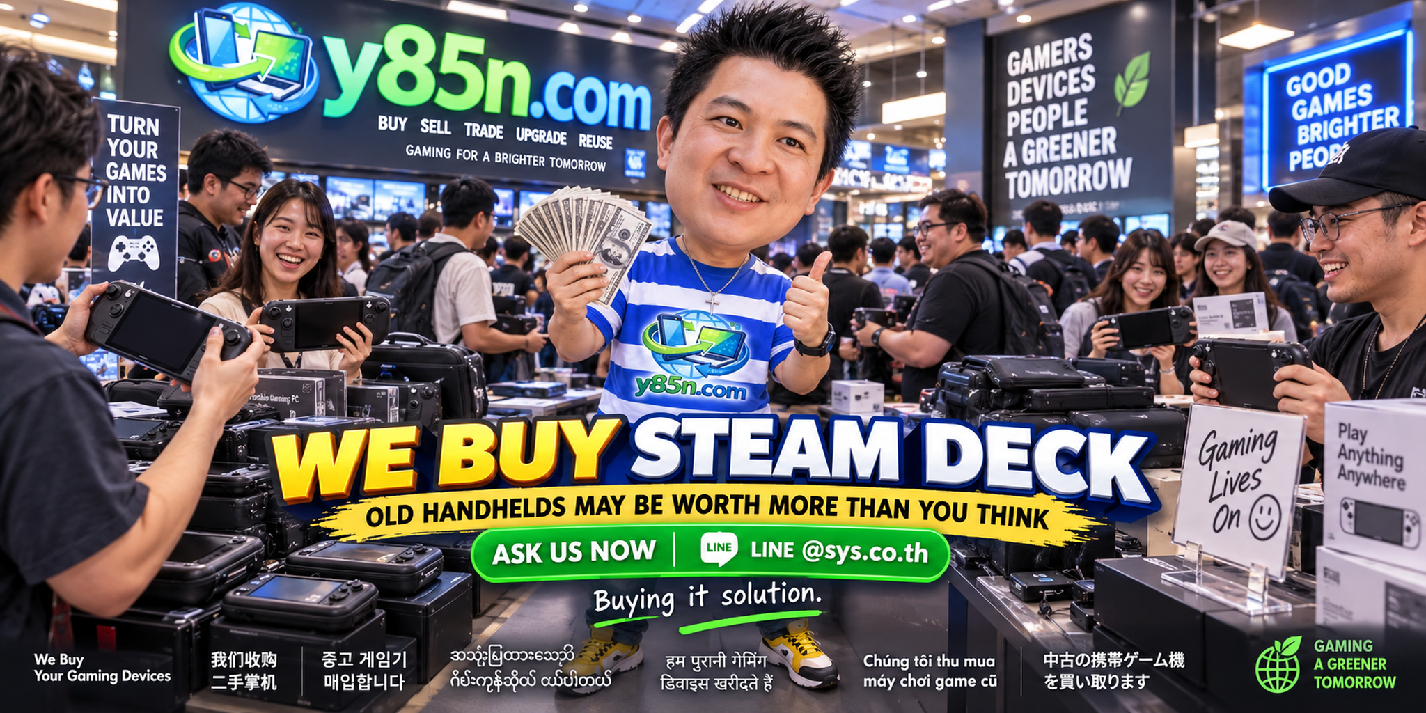 Busy Y85N.com gaming warehouse showing Steam Deck buying in Thailand