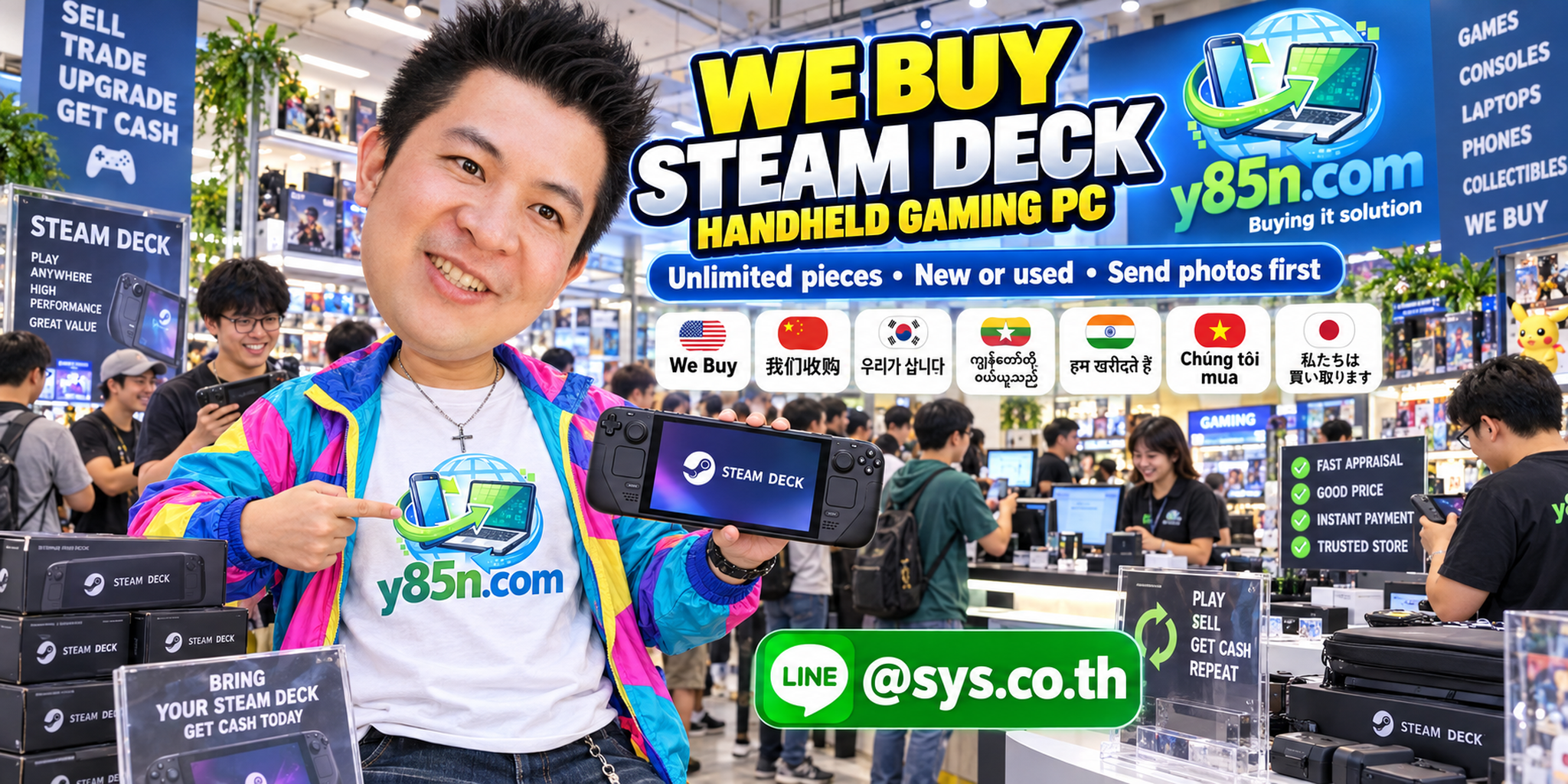 Y85N.com team and customers at a busy Steam Deck buying warehouse