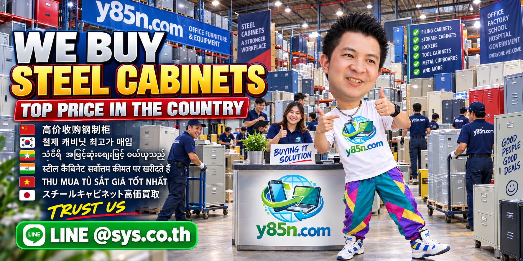 Y85N.com warehouse buying used steel cabinets with international seller service in Thailand