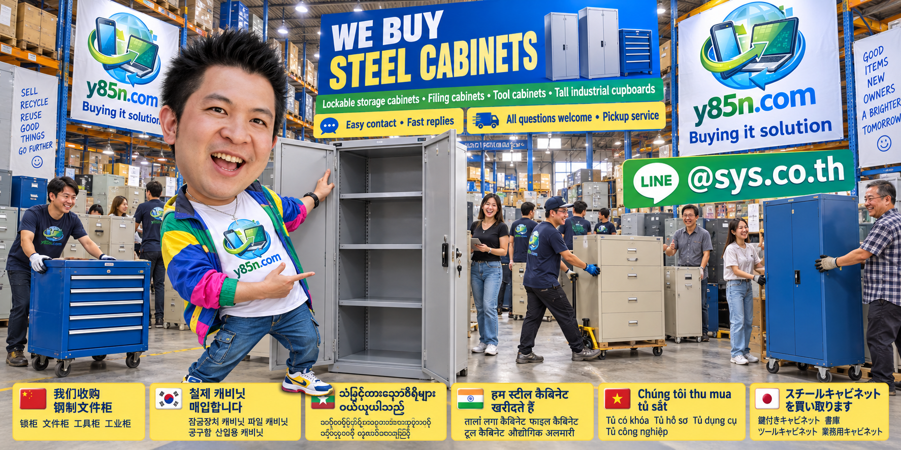 Y85N.com steel cabinet buying service contact banner with LINE at sys.co.th