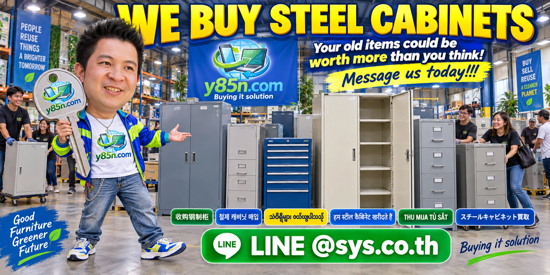 Busy Y85N.com warehouse buying used steel cabinets and commercial office storage in Thailand