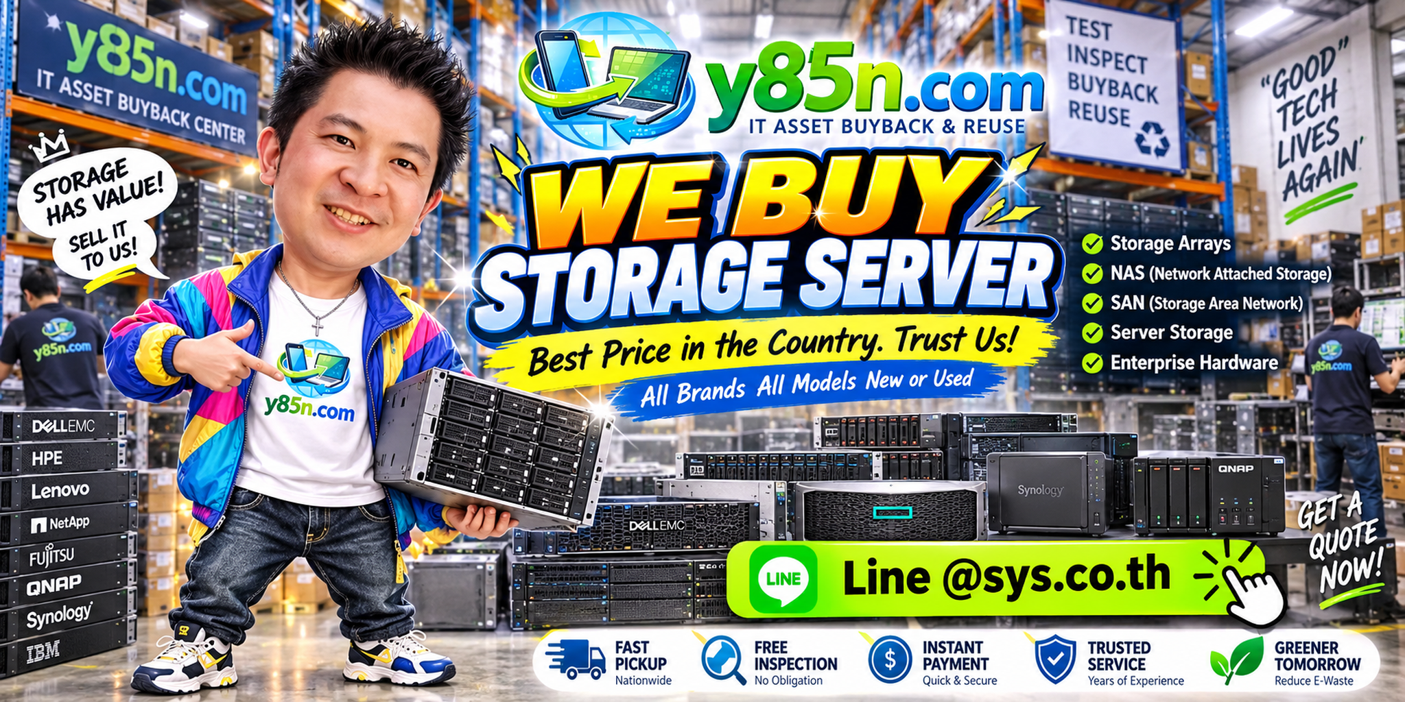 Y85N.com warehouse buying used storage servers with international seller support in Thailand