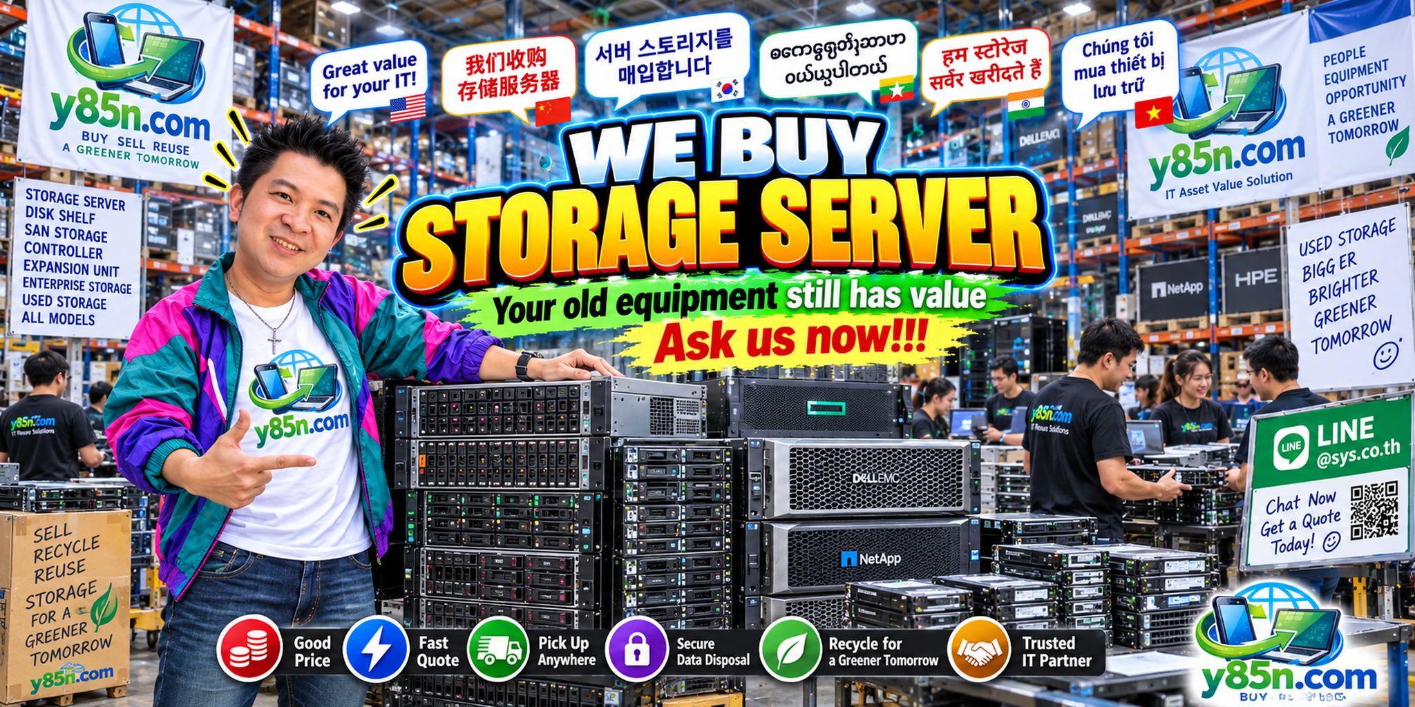 Busy Y85N.com warehouse buying storage servers and enterprise storage systems in Thailand