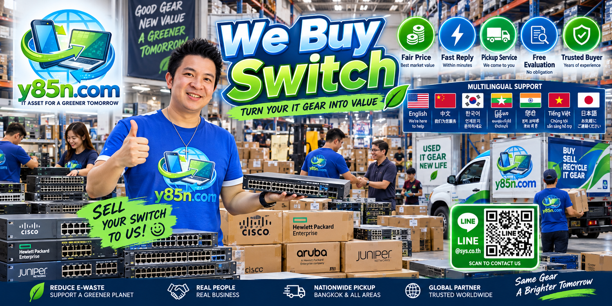 Y85N.com switch buying service contact banner with LINE at sys.co.th
