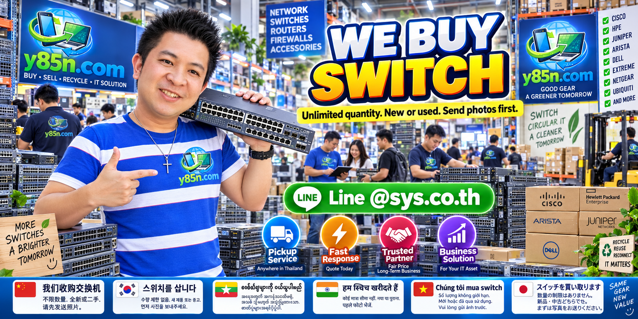 Y85N.com team and customers at a busy network switch buying warehouse in Thailand