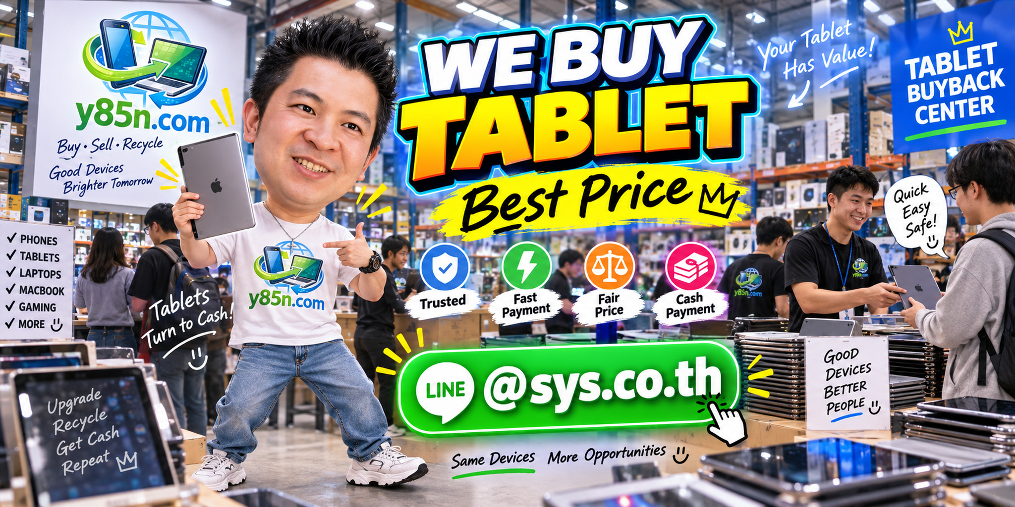 Y85N.com warehouse buying used tablets with international seller support in Thailand