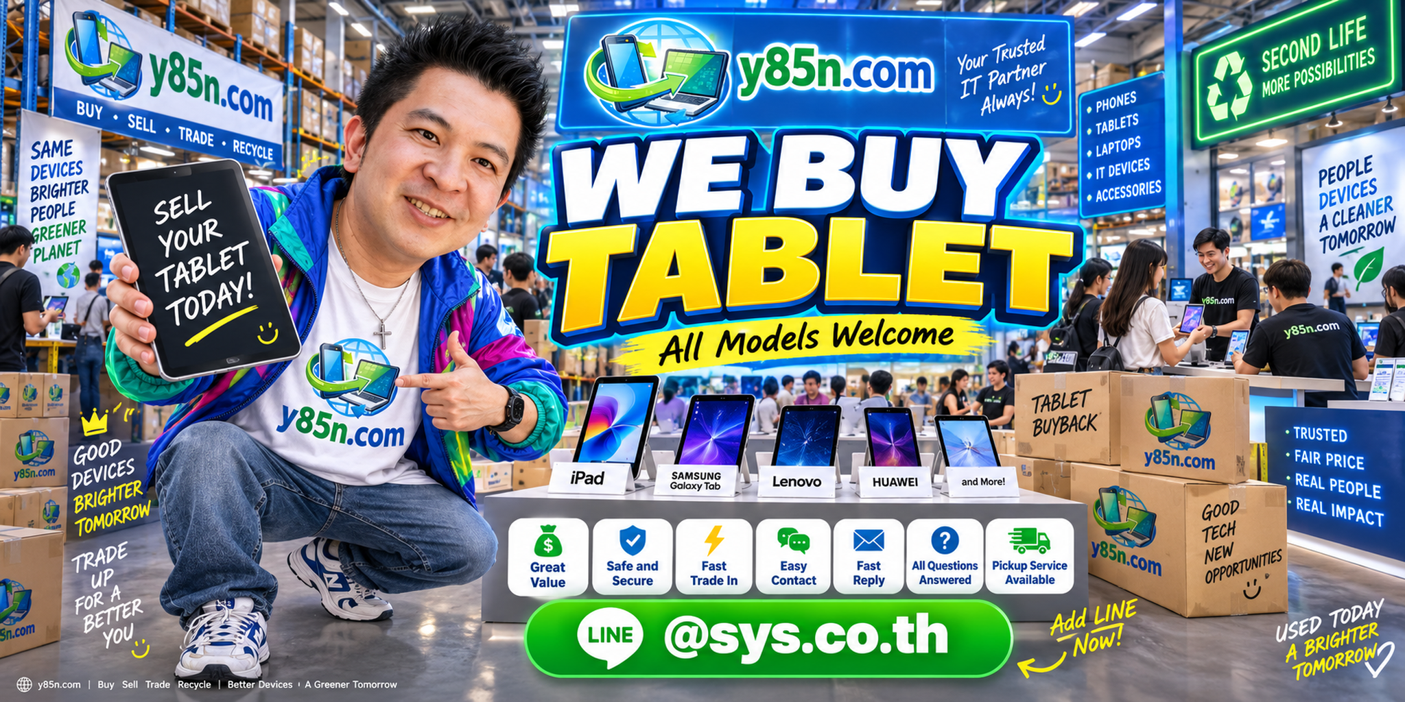 Y85N.com tablet buying service contact banner with LINE at sys.co.th