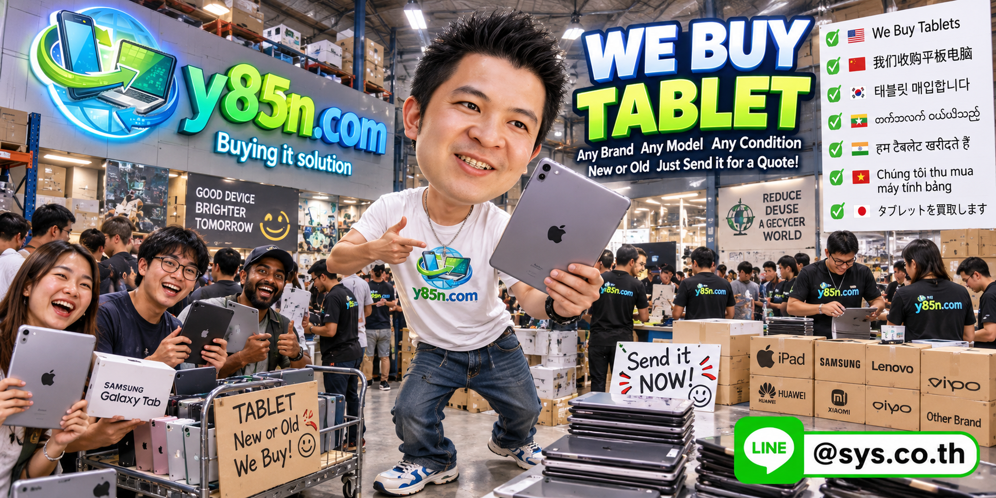 Y85N.com team and customers at a busy tablet buying warehouse in Thailand