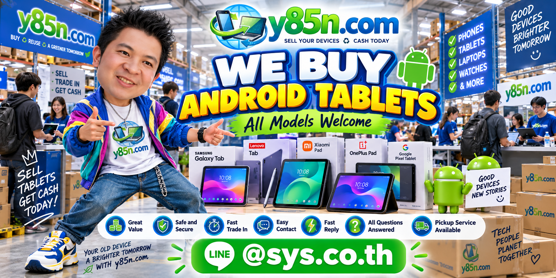 Y85N.com Android tablet contact banner with LINE at sys.co.th
