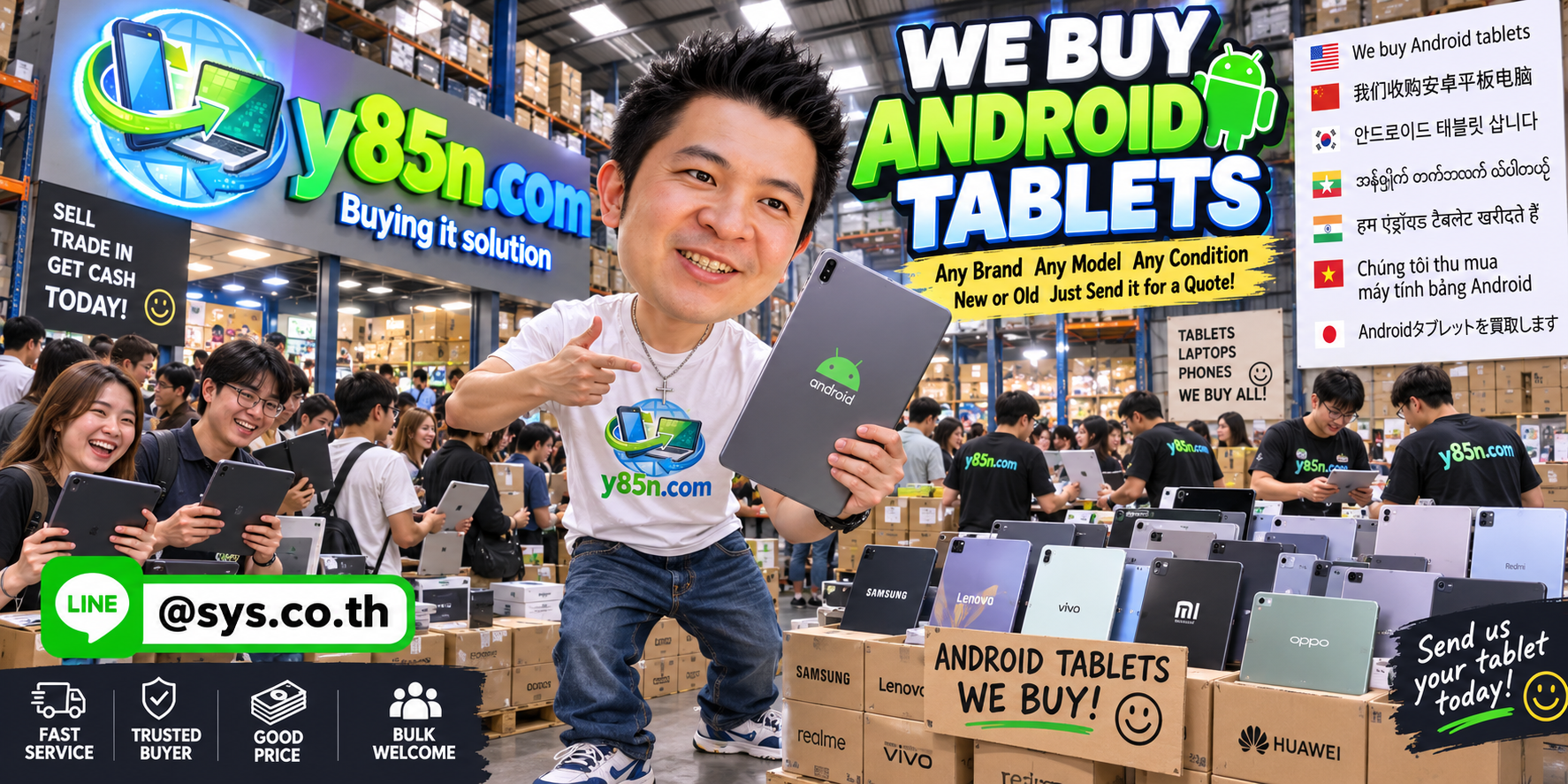 Y85N.com Android tablet buying warehouse with customers and staff