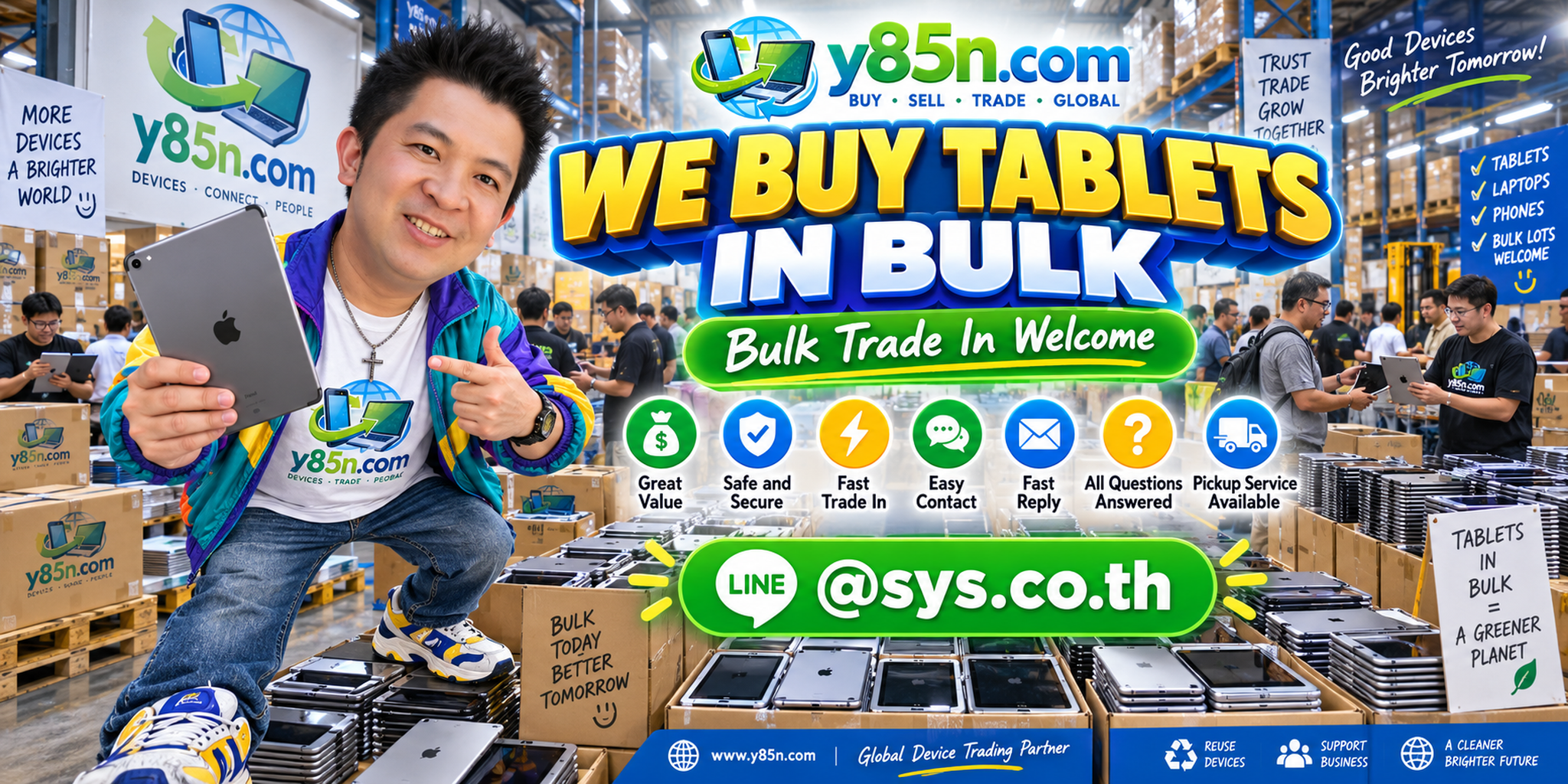 Y85N.com bulk tablet buying service contact banner with LINE at sys.co.th
