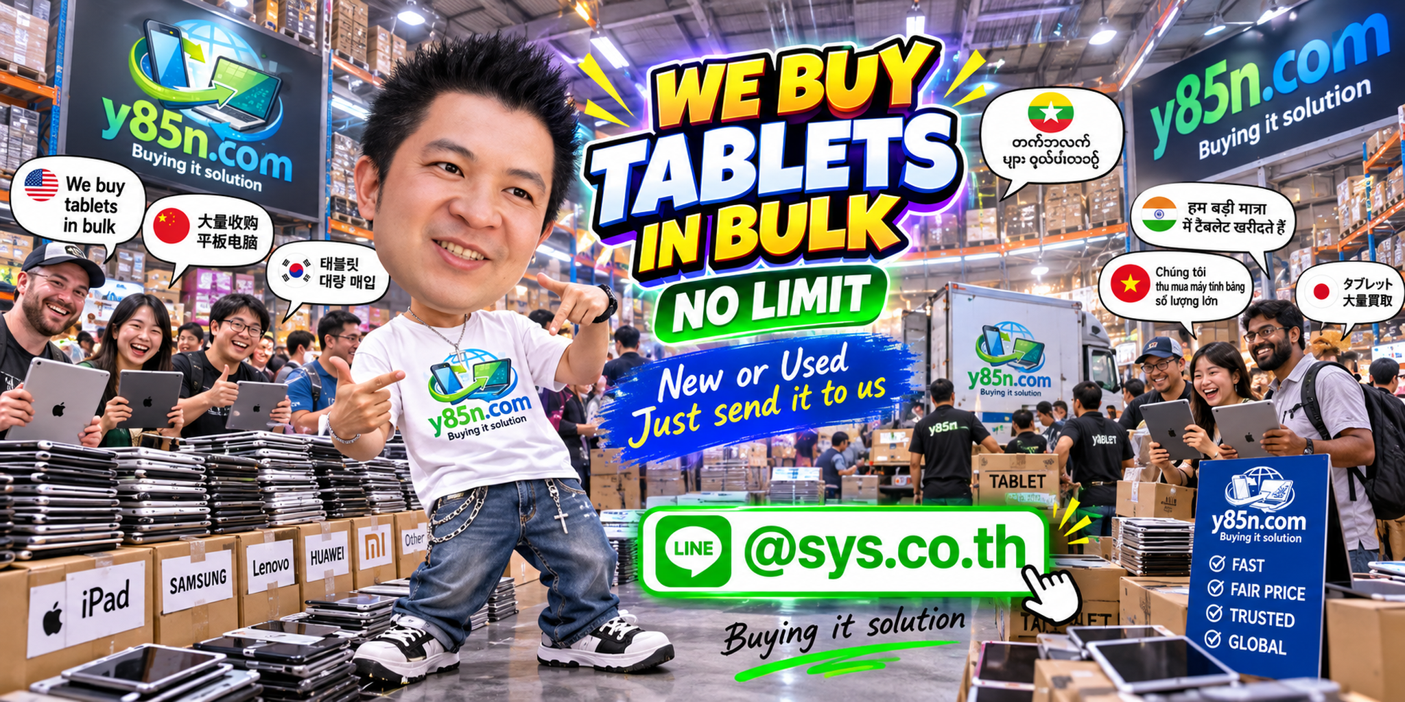 Y85N.com team and customers at a busy warehouse buying tablets in bulk