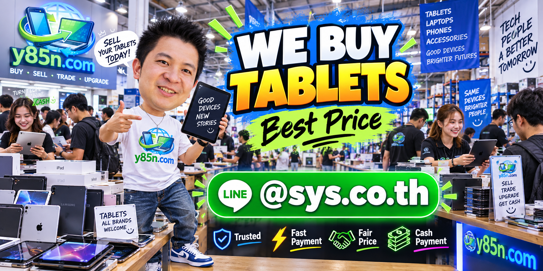 Y85N.com warehouse buying used tablets with international seller support in Thailand