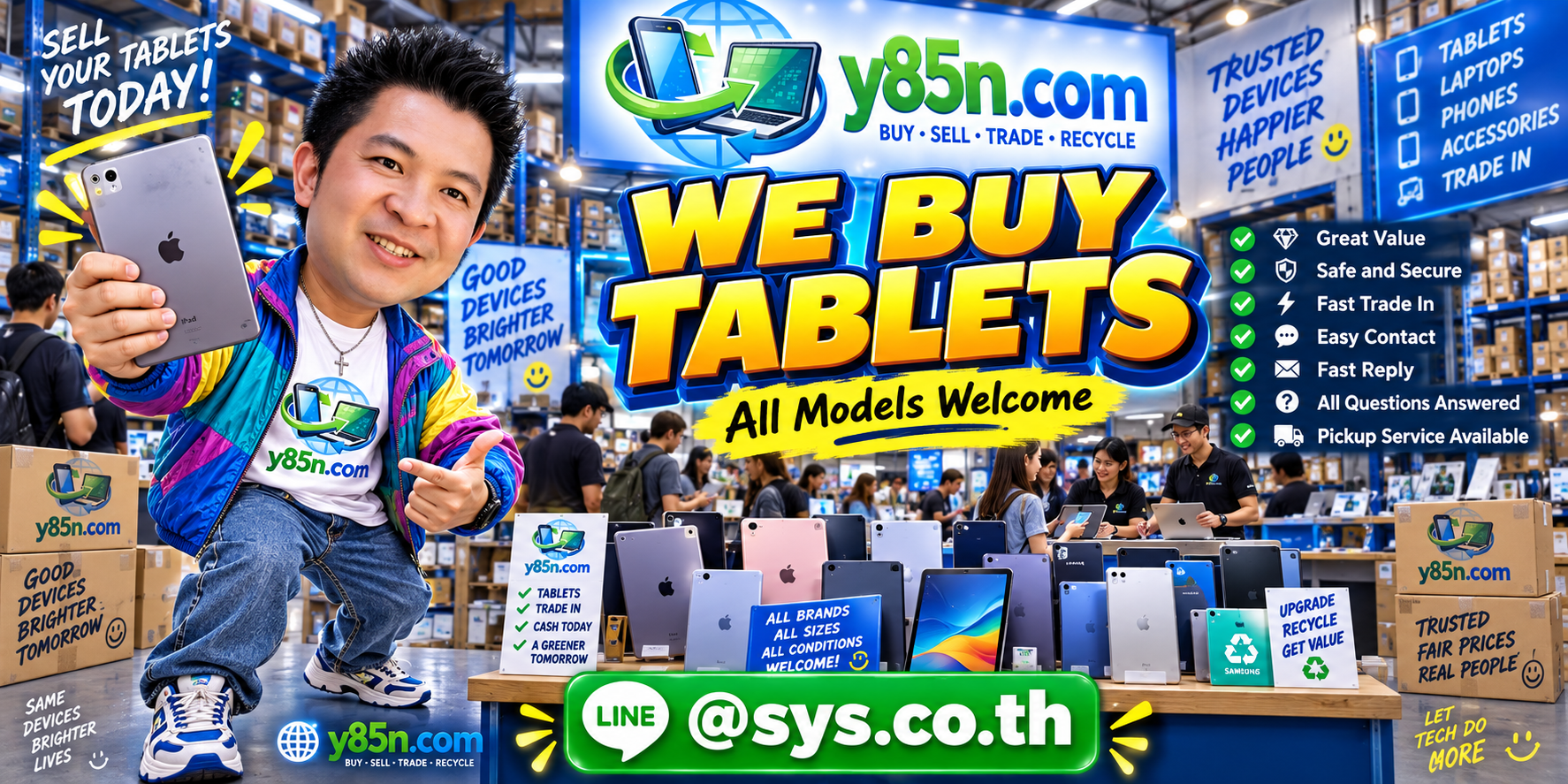 Y85N.com tablet buying contact banner with LINE at sys.co.th