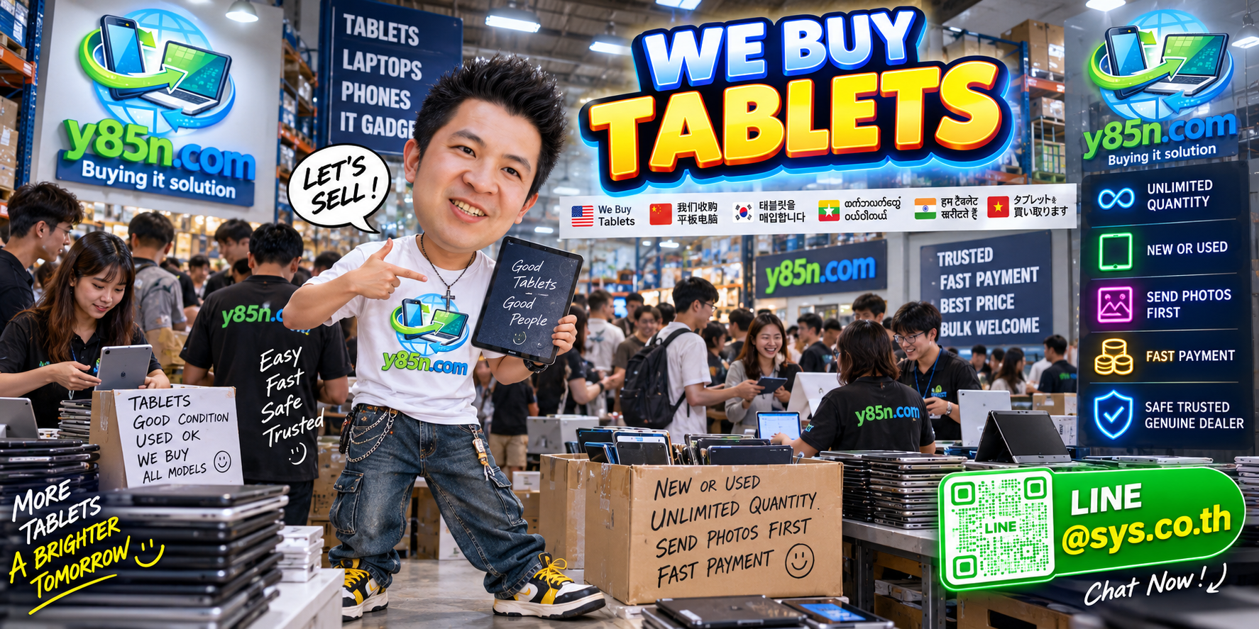 Y85N.com tablet buying team with customers and tablet inventory in a busy technology warehouse