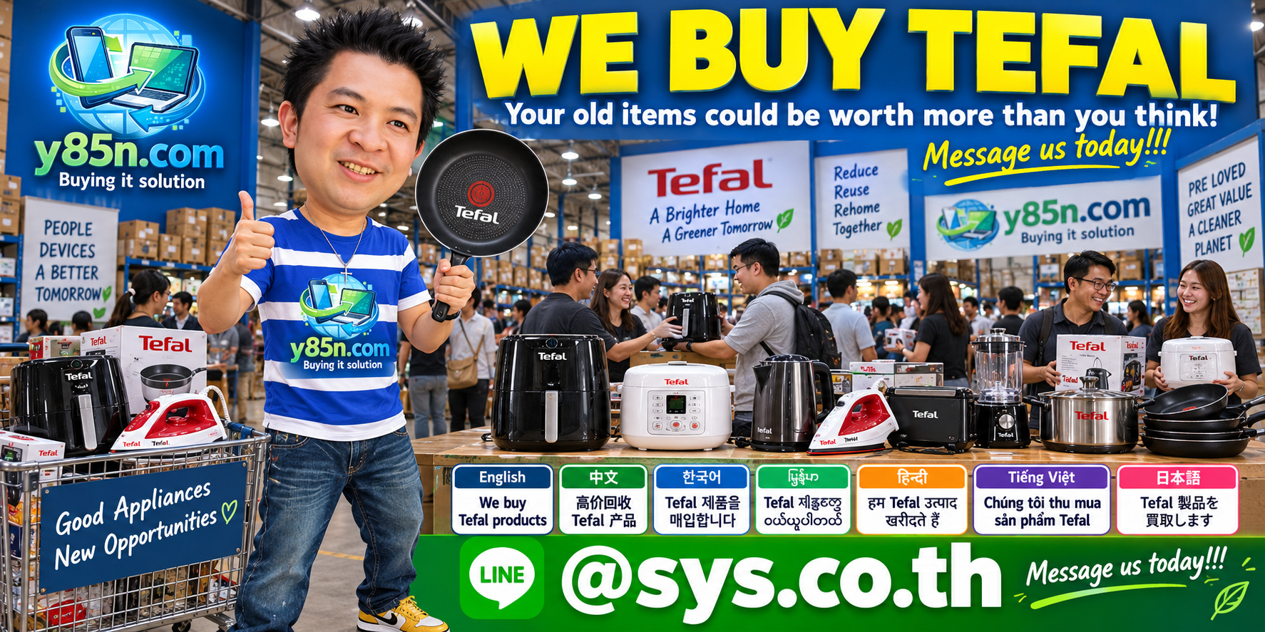 Y85N.com team and customers at a busy Tefal buying warehouse