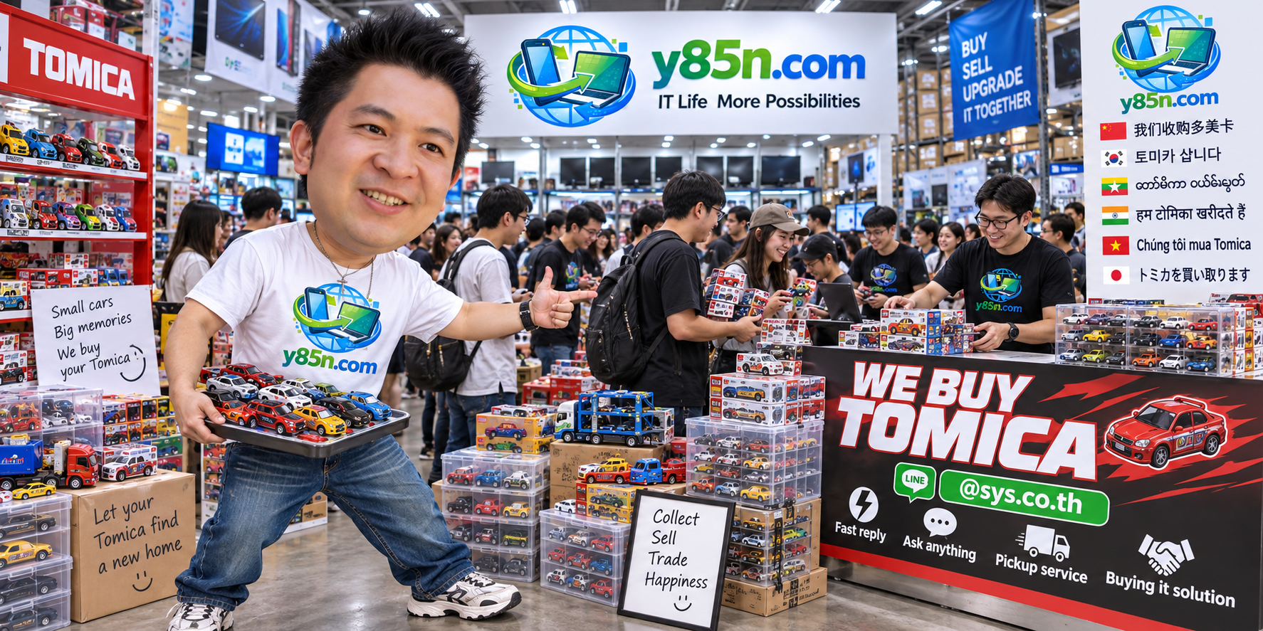 Y85N.com Tomica buying service contact banner with LINE at sys.co.th