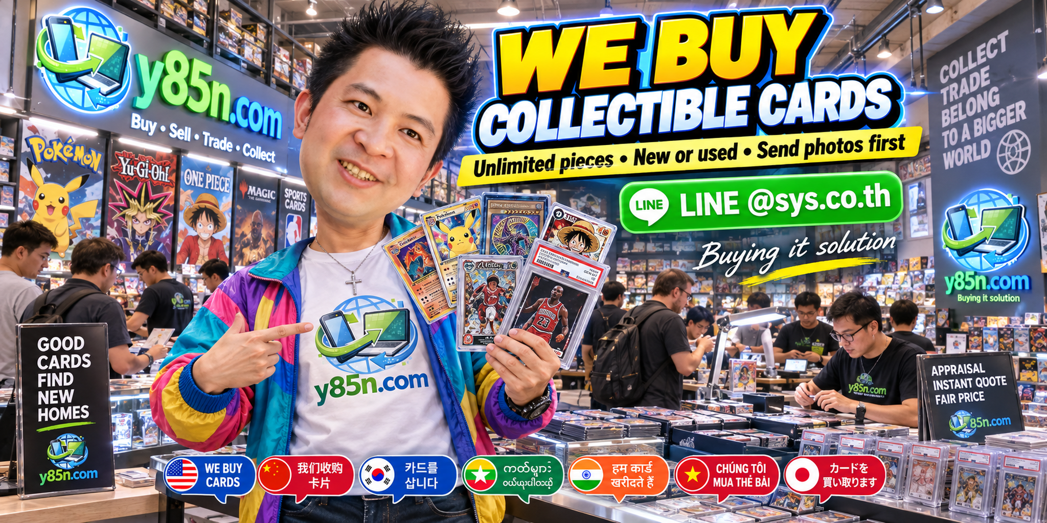 Y85N.com team buying trading cards at a busy warehouse style store