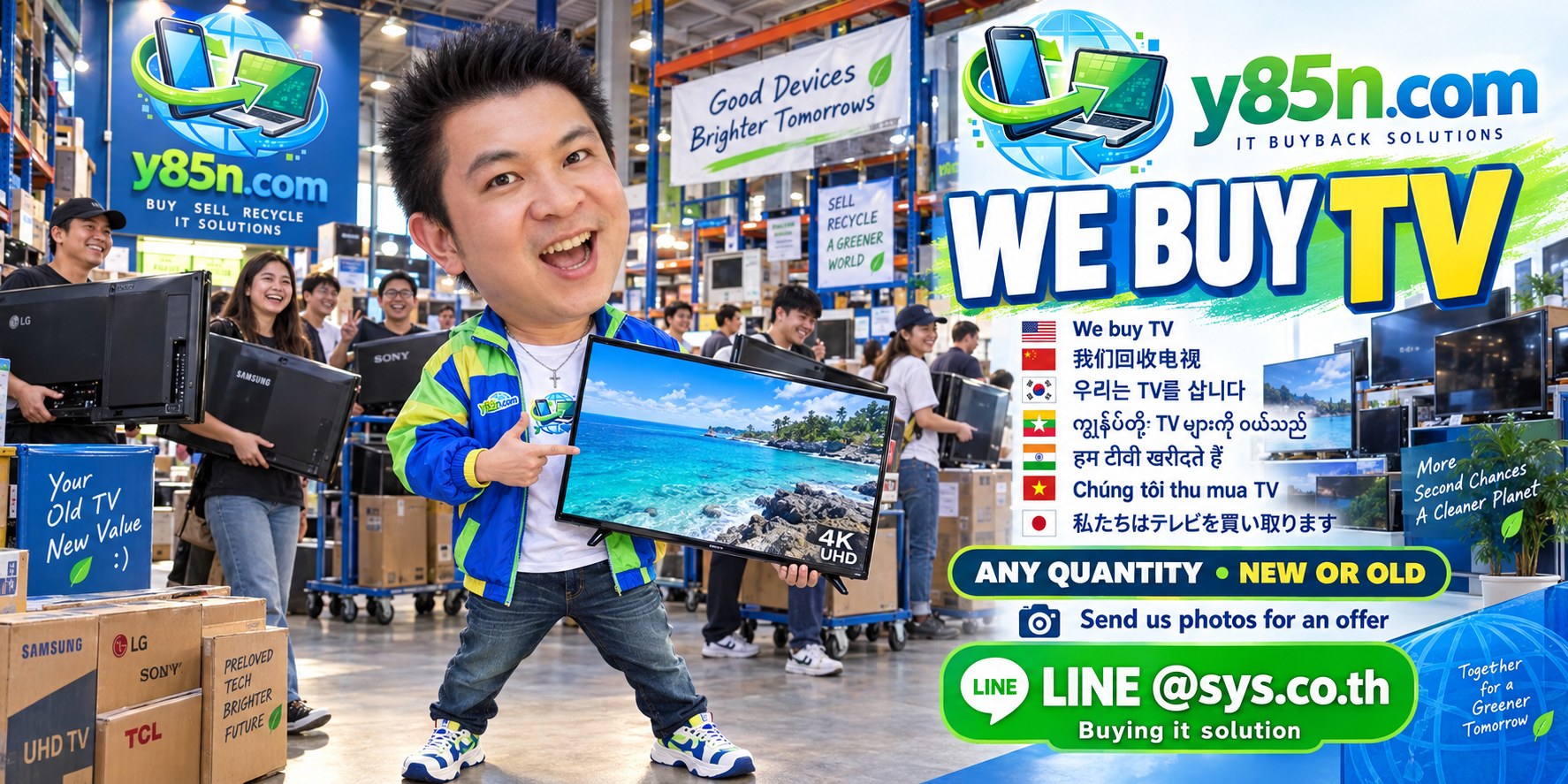Y85N.com final TV buying banner with international seller message