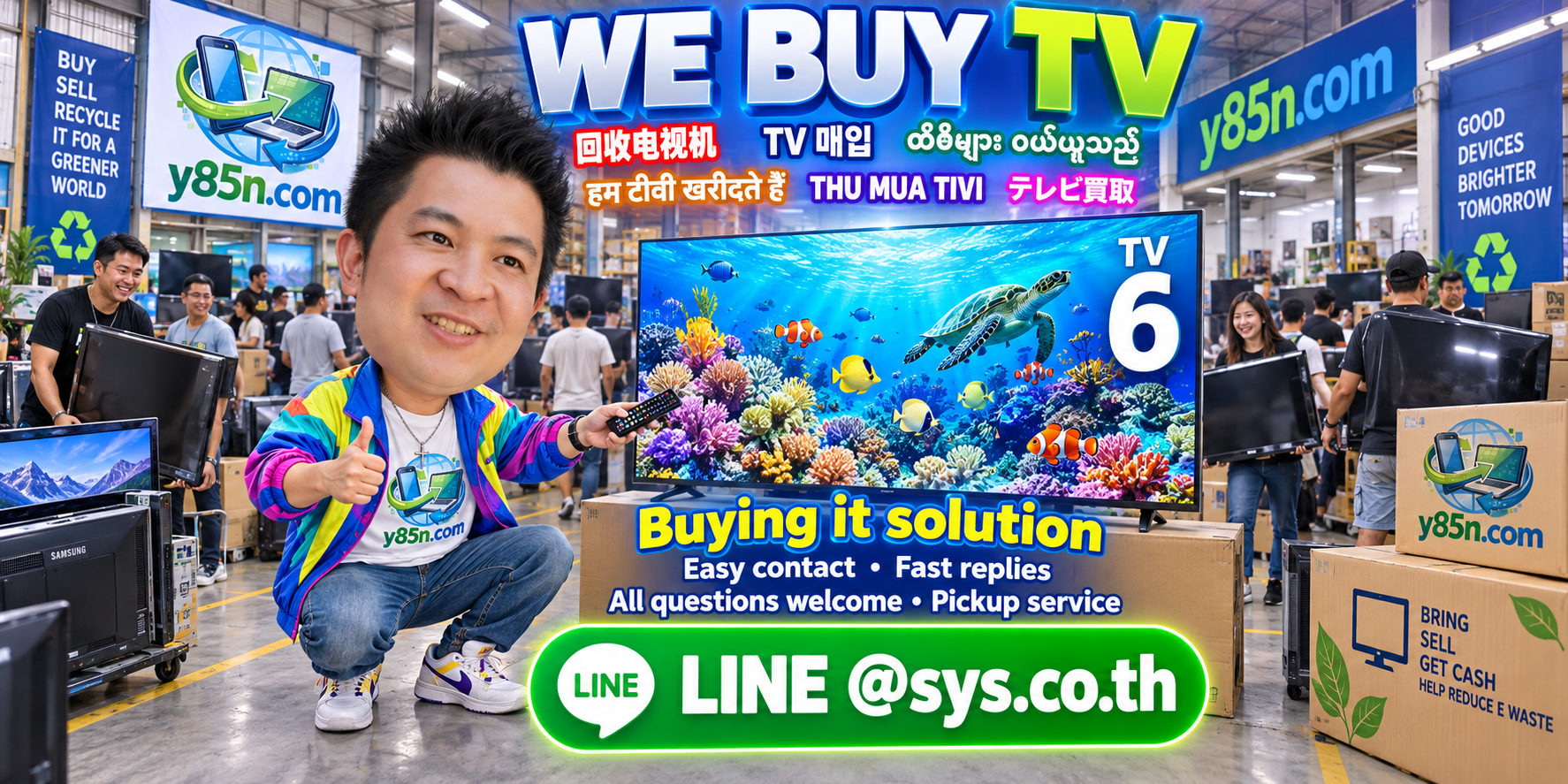 Y85N.com TV contact banner with LINE at sys.co.th