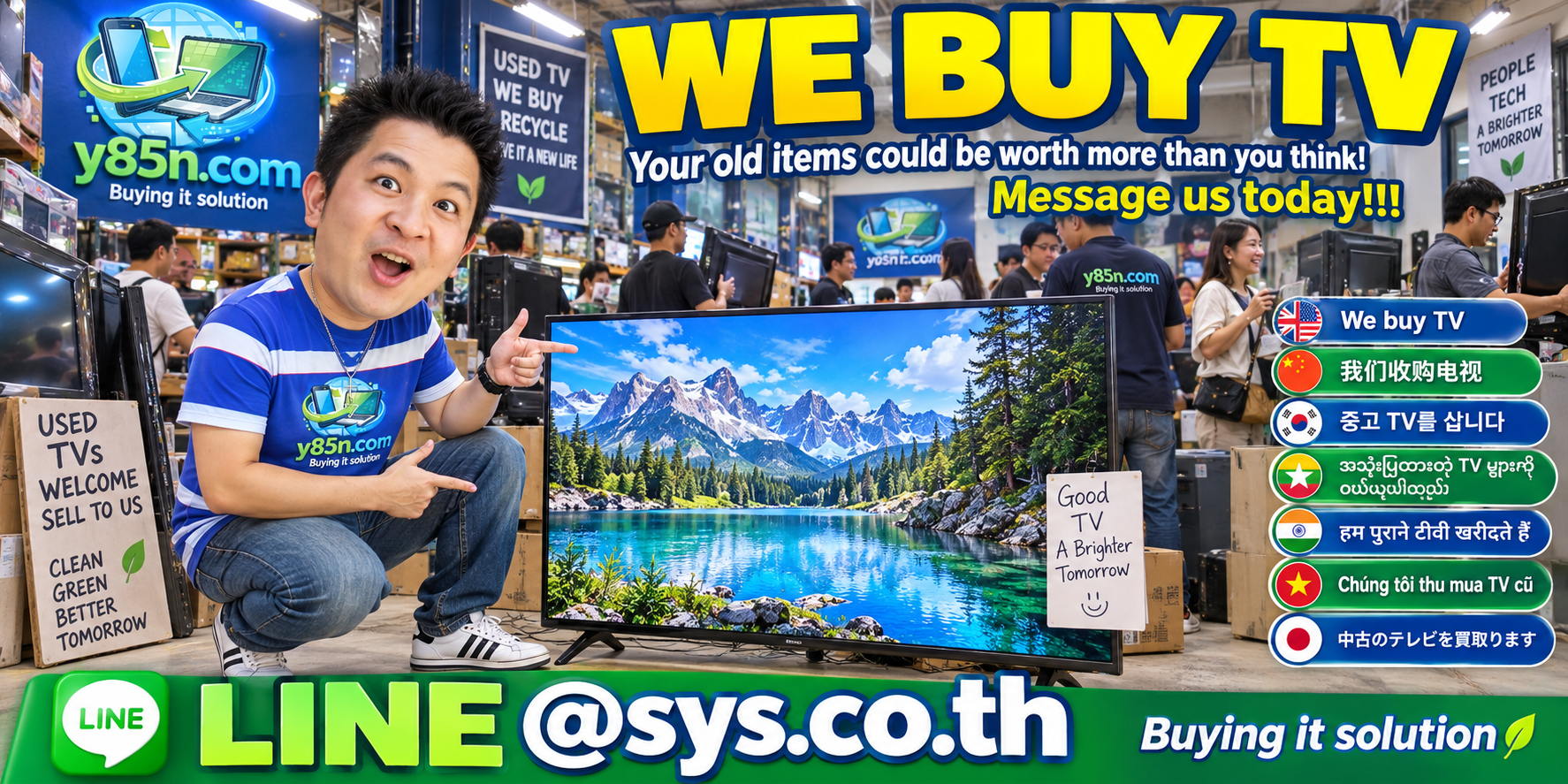 Y85N.com team and customers in a lively TV buying warehouse