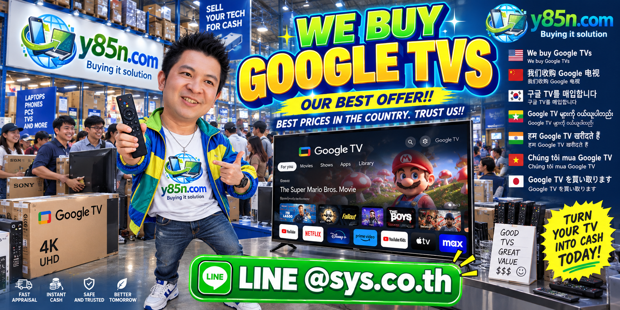 Y85N.com warehouse buying Google TVs with international seller service