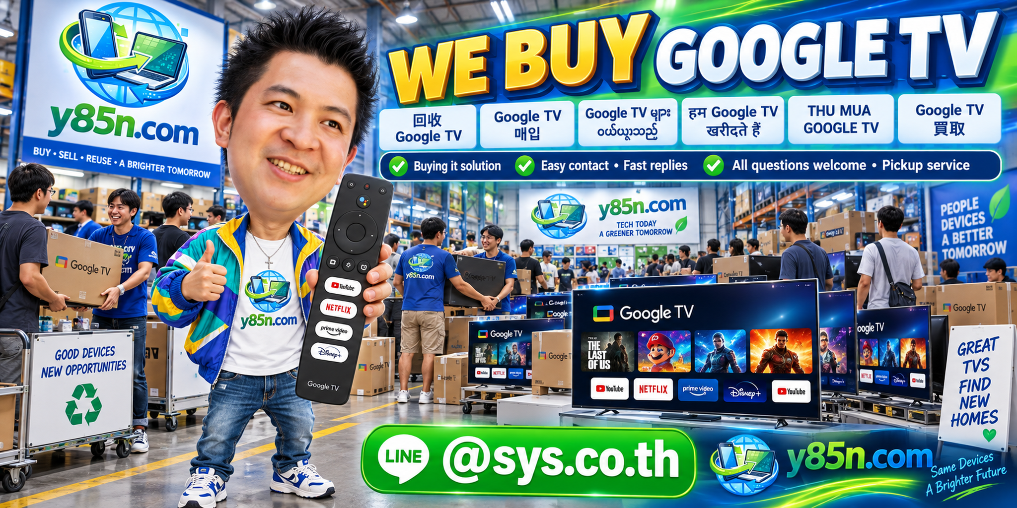 Y85N.com Google TV buying service contact banner with LINE at sys.co.th