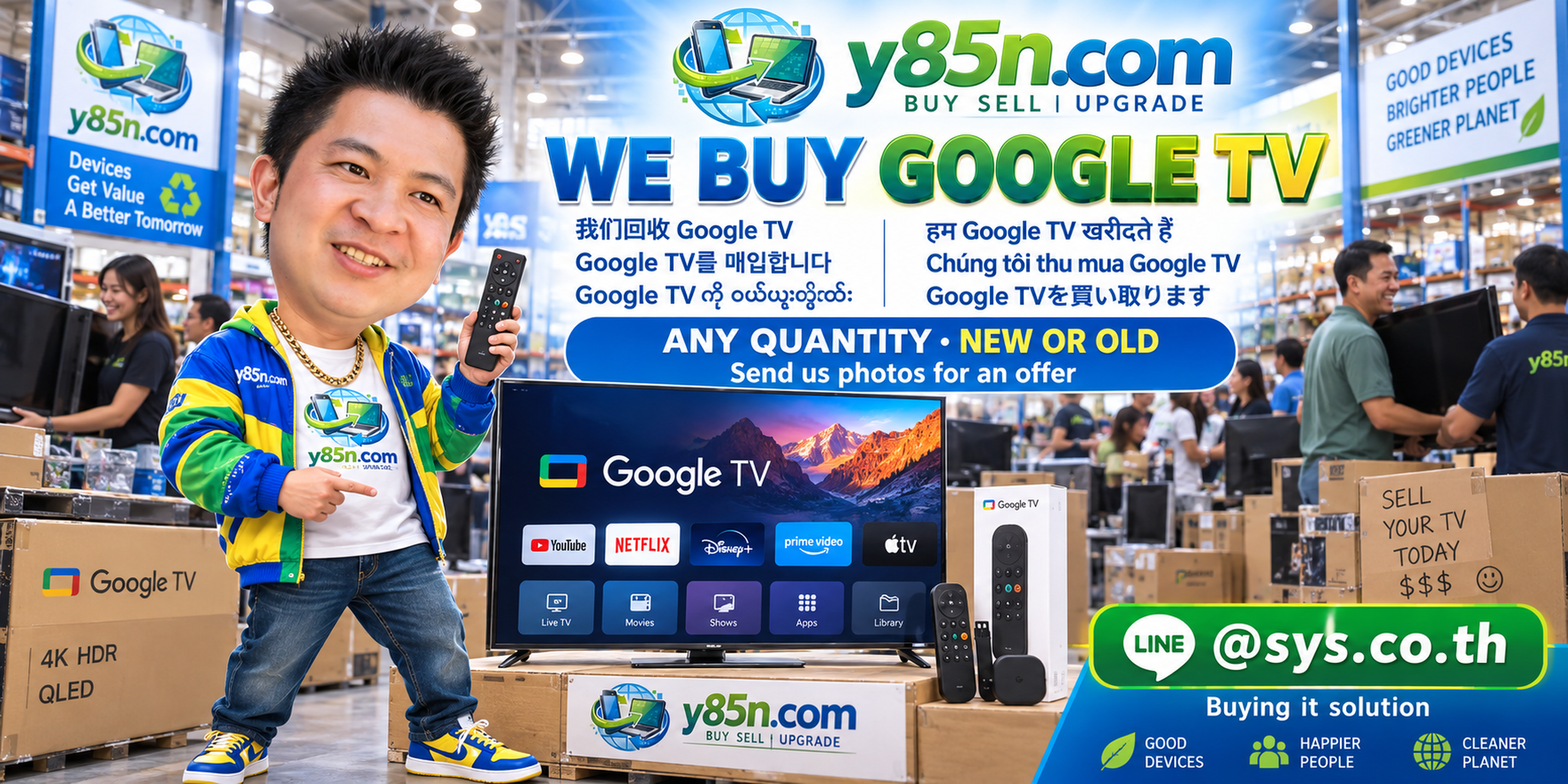 Y85N.com team and customers in a busy Google TV buying warehouse