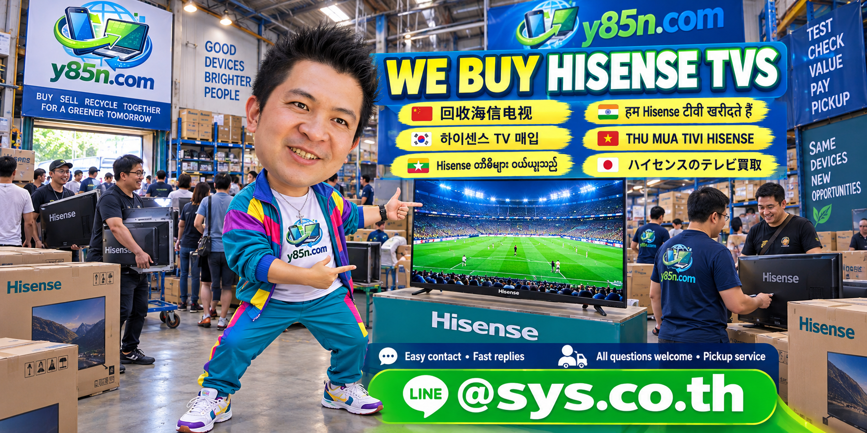 Y85N.com LINE contact banner for Hisense TV selling enquiries