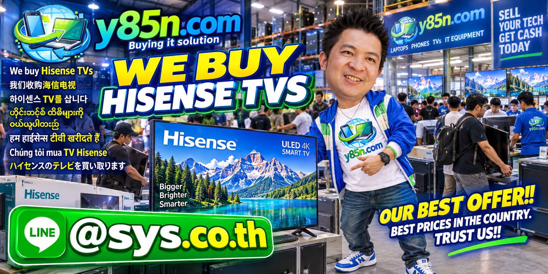 Busy Y85N.com warehouse promoting Hisense TV buying in Thailand