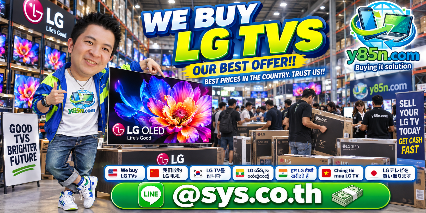 Busy Y85N.com warehouse promoting LG TV buying in Thailand
