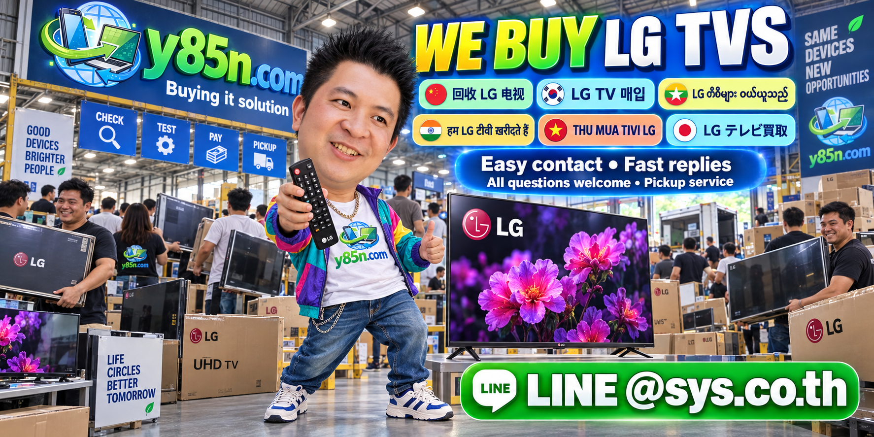 Y85N.com team and customers at a busy LG TV buying warehouse