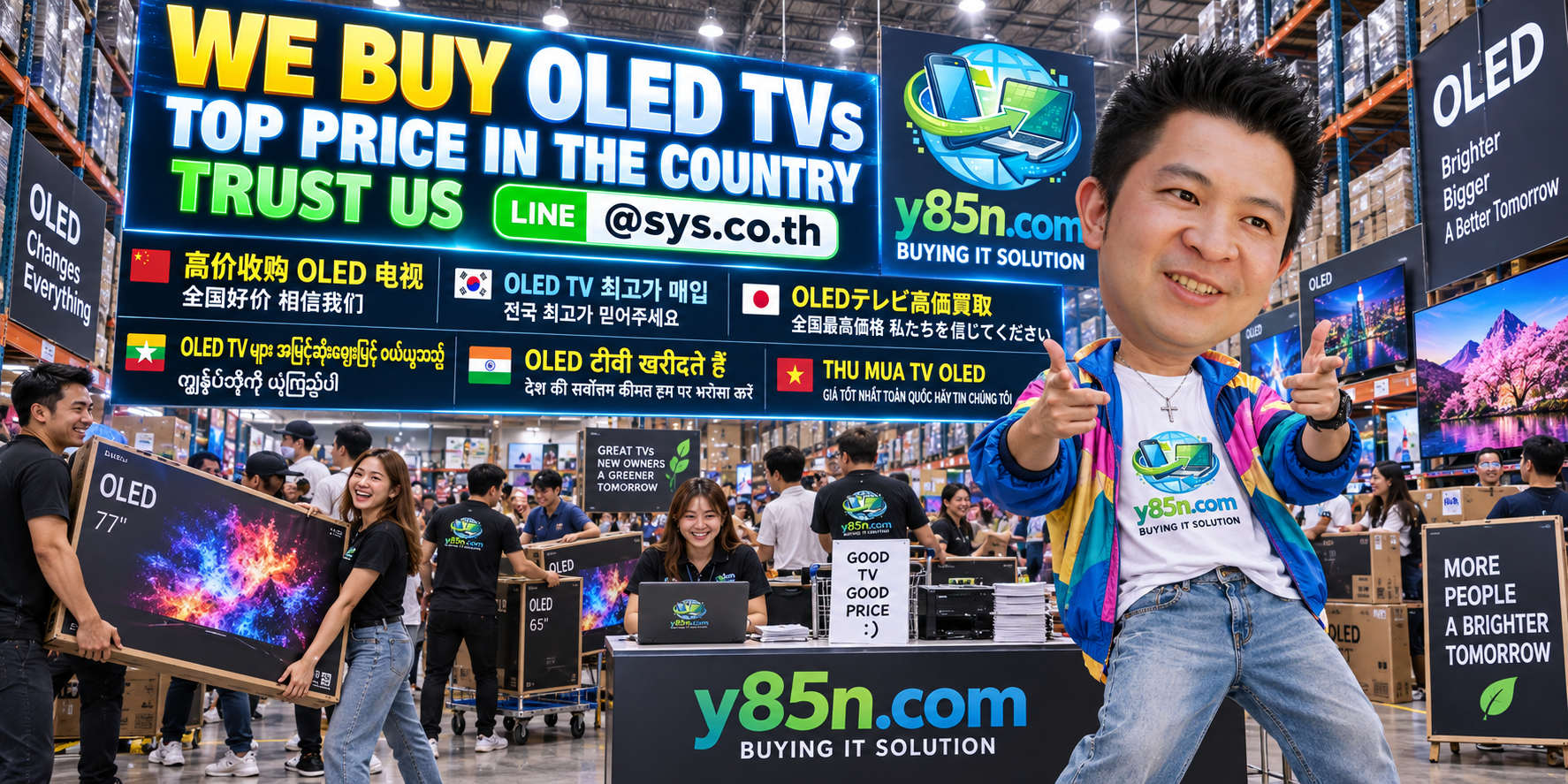 Busy Y85N.com OLED TV buying warehouse with customers and premium televisions