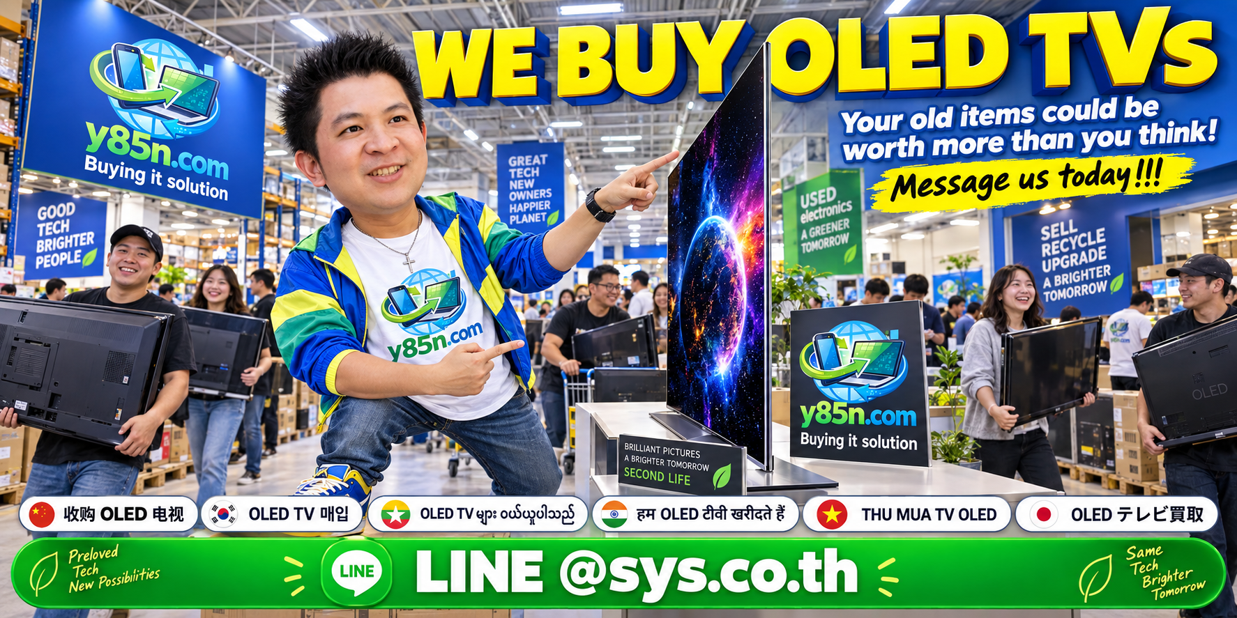 Y85N.com team and customers in a lively OLED TV buying warehouse