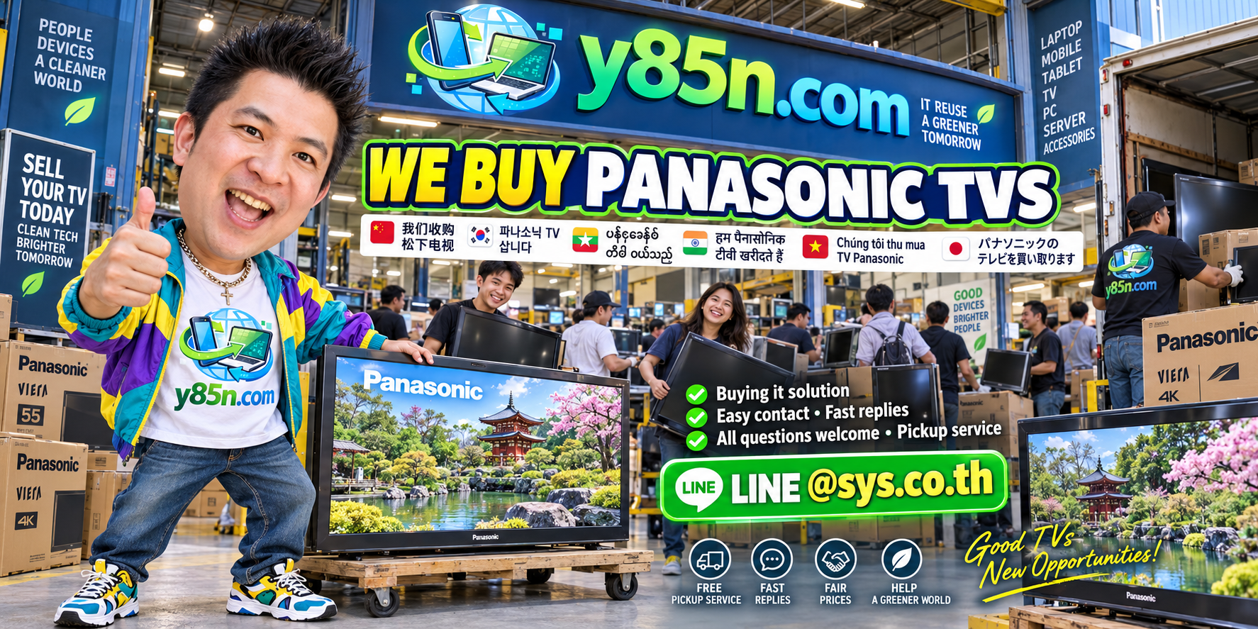 Y85N.com Panasonic TV buying contact banner with LINE at sys.co.th
