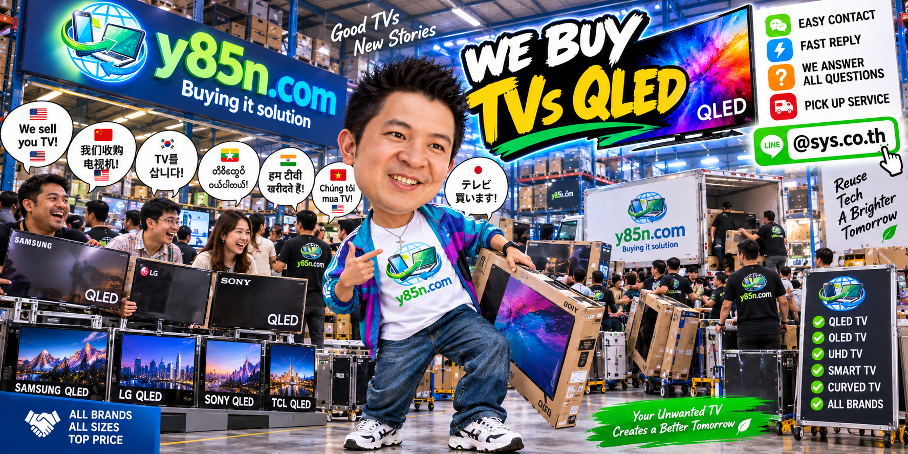 Y85N.com QLED TV buying contact banner with LINE at sys.co.th
