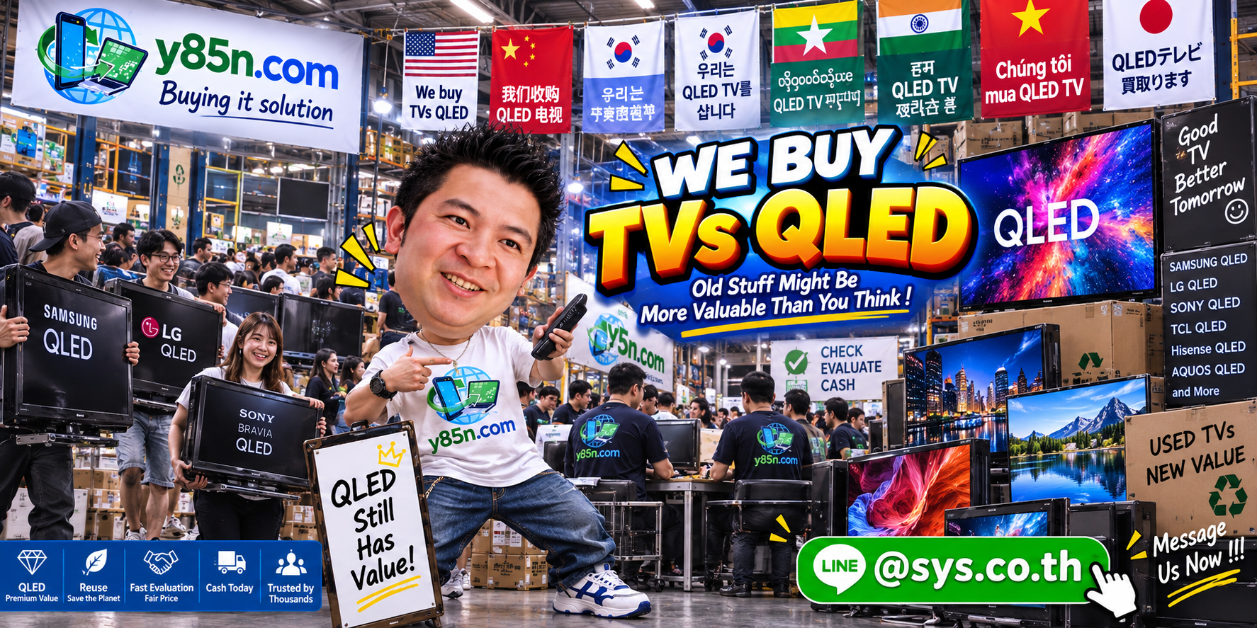 Y85N.com QLED TV buying service in a busy Thailand technology warehouse