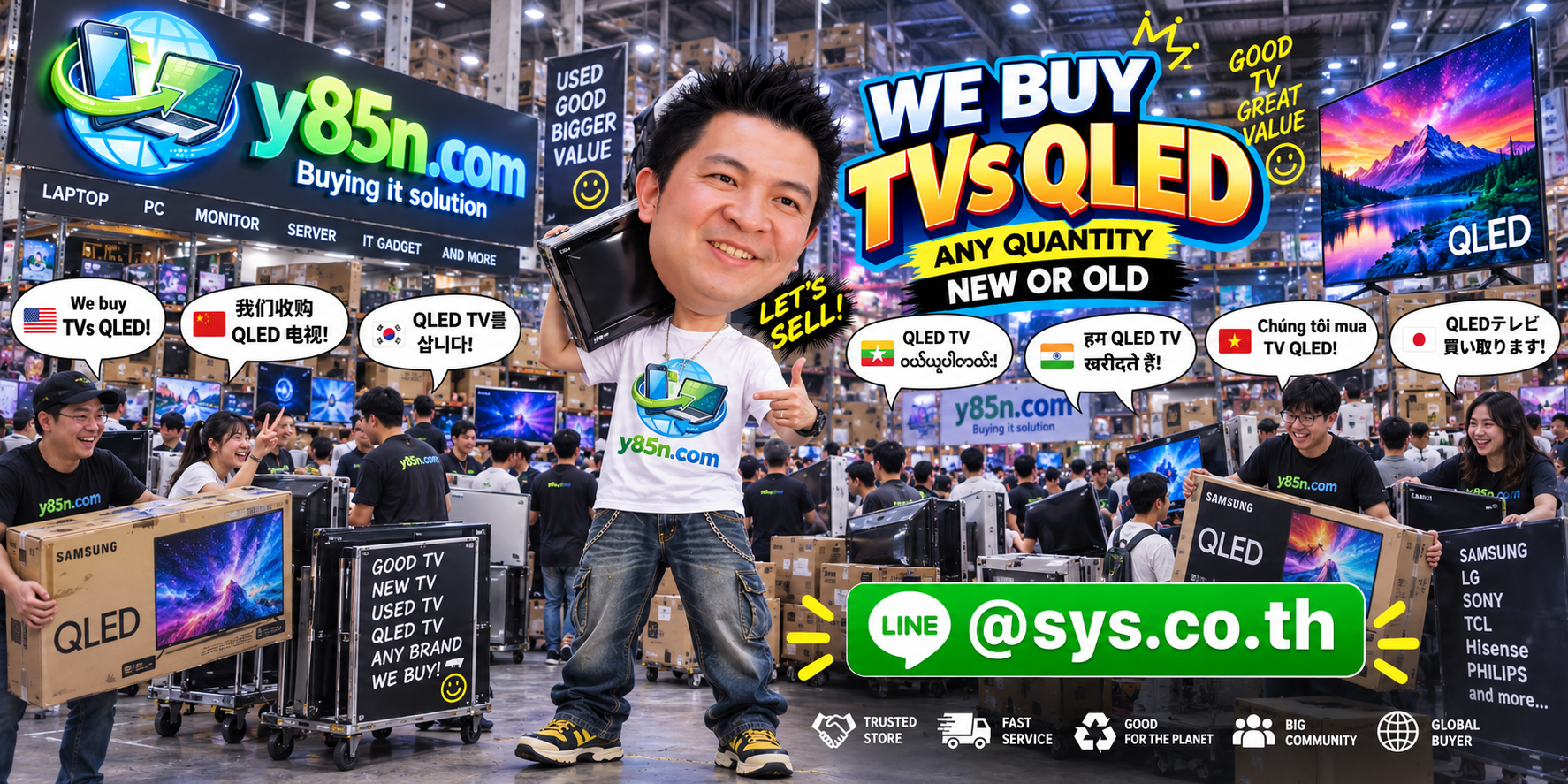 Y85N.com team evaluating QLED TVs in a busy technology warehouse