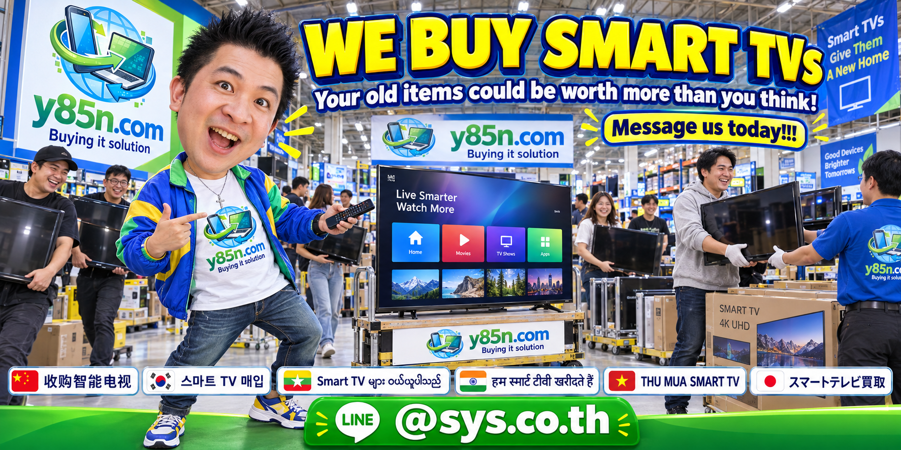 Busy Y85N.com Smart TV buying warehouse with international customers