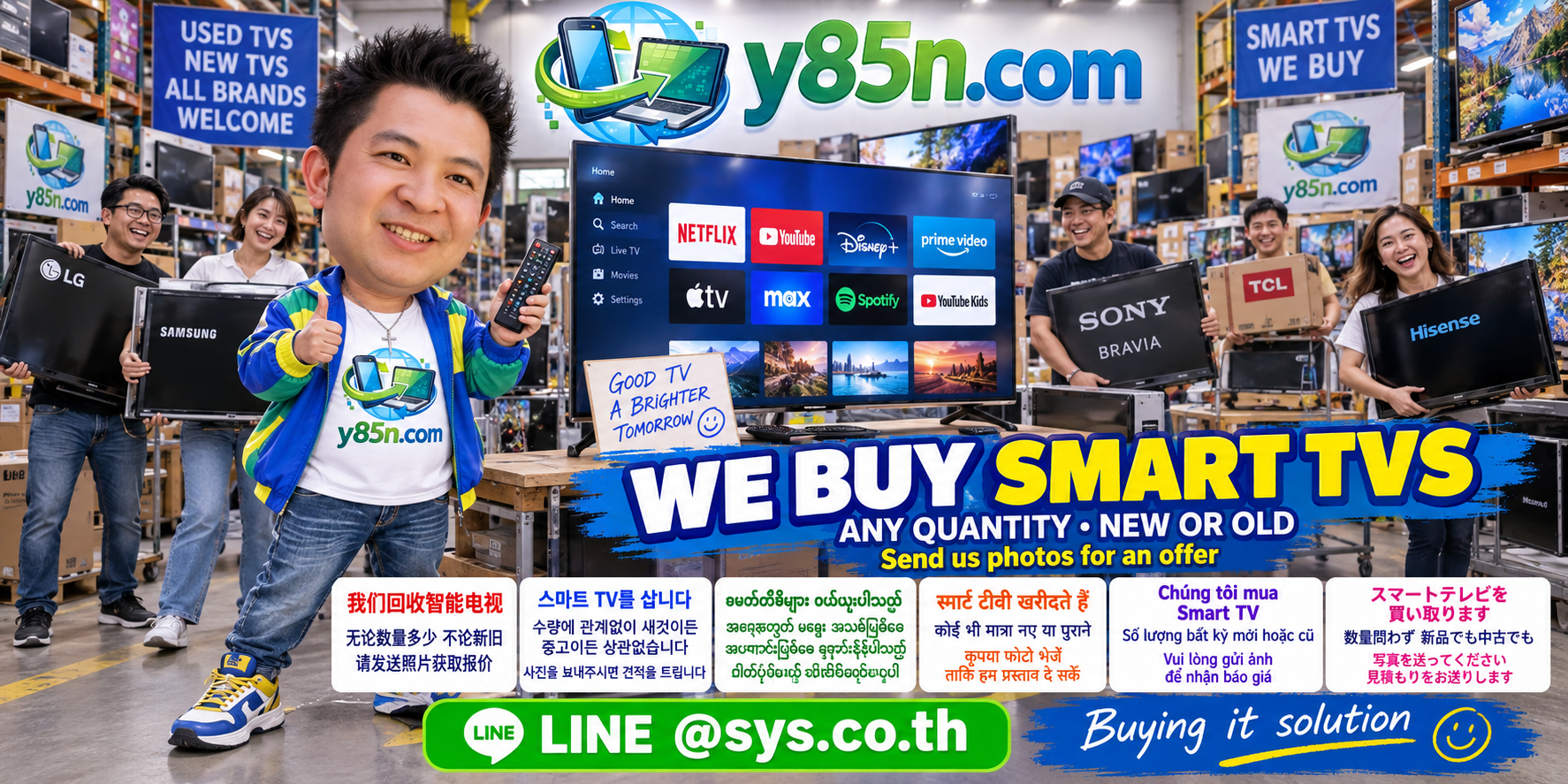 Y85N.com team handling Smart TVs in a busy technology warehouse