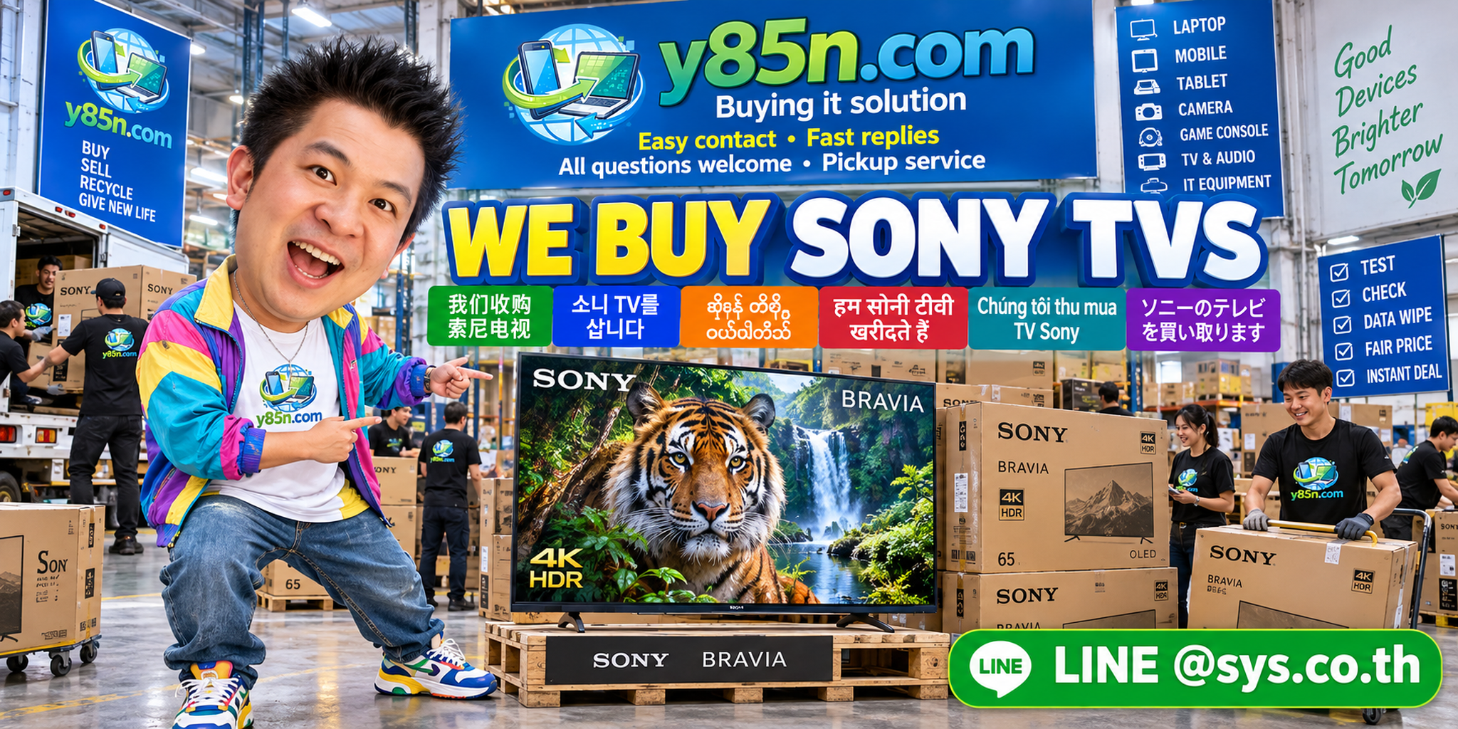 Y85N.com Sony TV buying service contact banner with LINE at sys.co.th