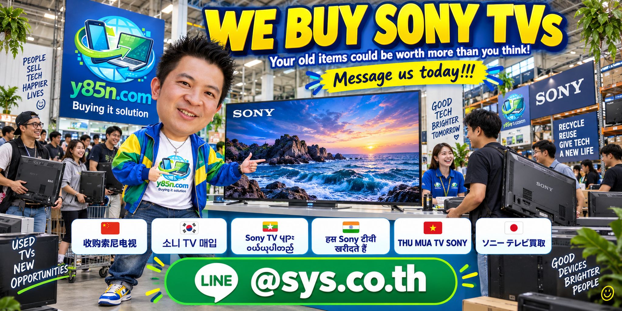 Busy Y85N.com warehouse buying used Sony BRAVIA televisions in Thailand