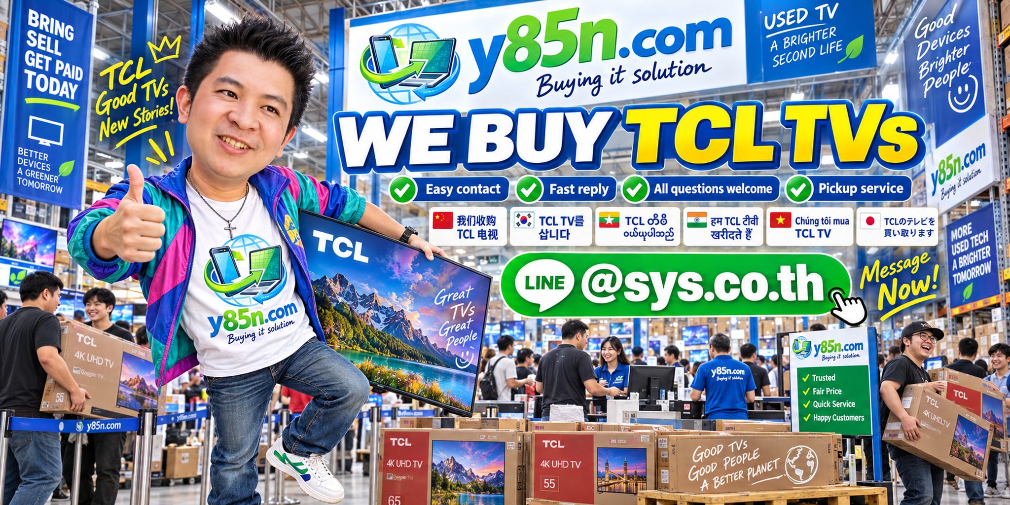 Y85N.com TCL TV buying service contact banner with LINE at sys.co.th